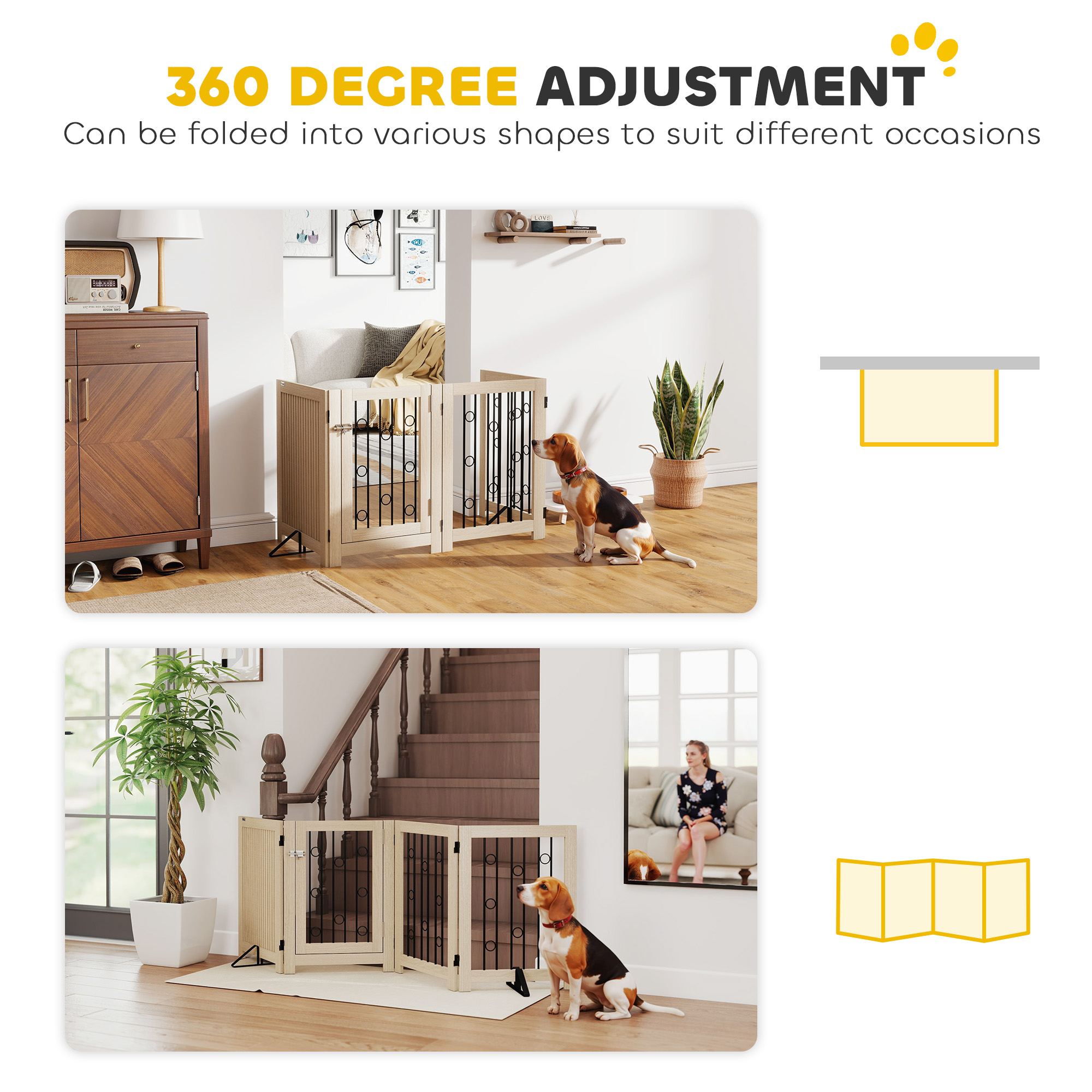 reestanding Dog Gate, Wooden Foldable Pet Gate with 4 Panels, Walk-Through Door, Support Feet, Non-Slip Mats