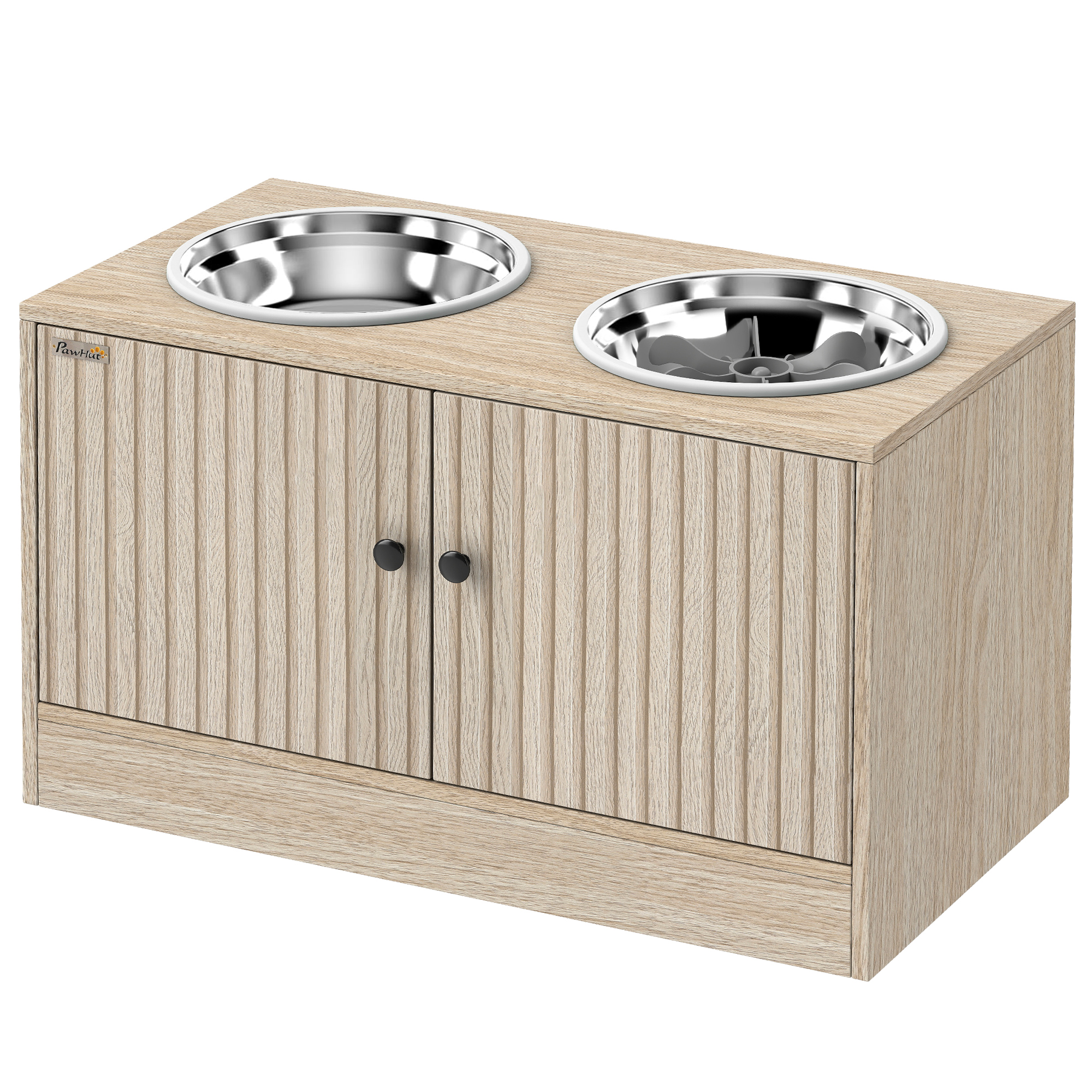 Raised Dog Bowls with Storage, Slow Feeder, 2 Stainless Steel Food and Water Bowl Non-Slip, Oak