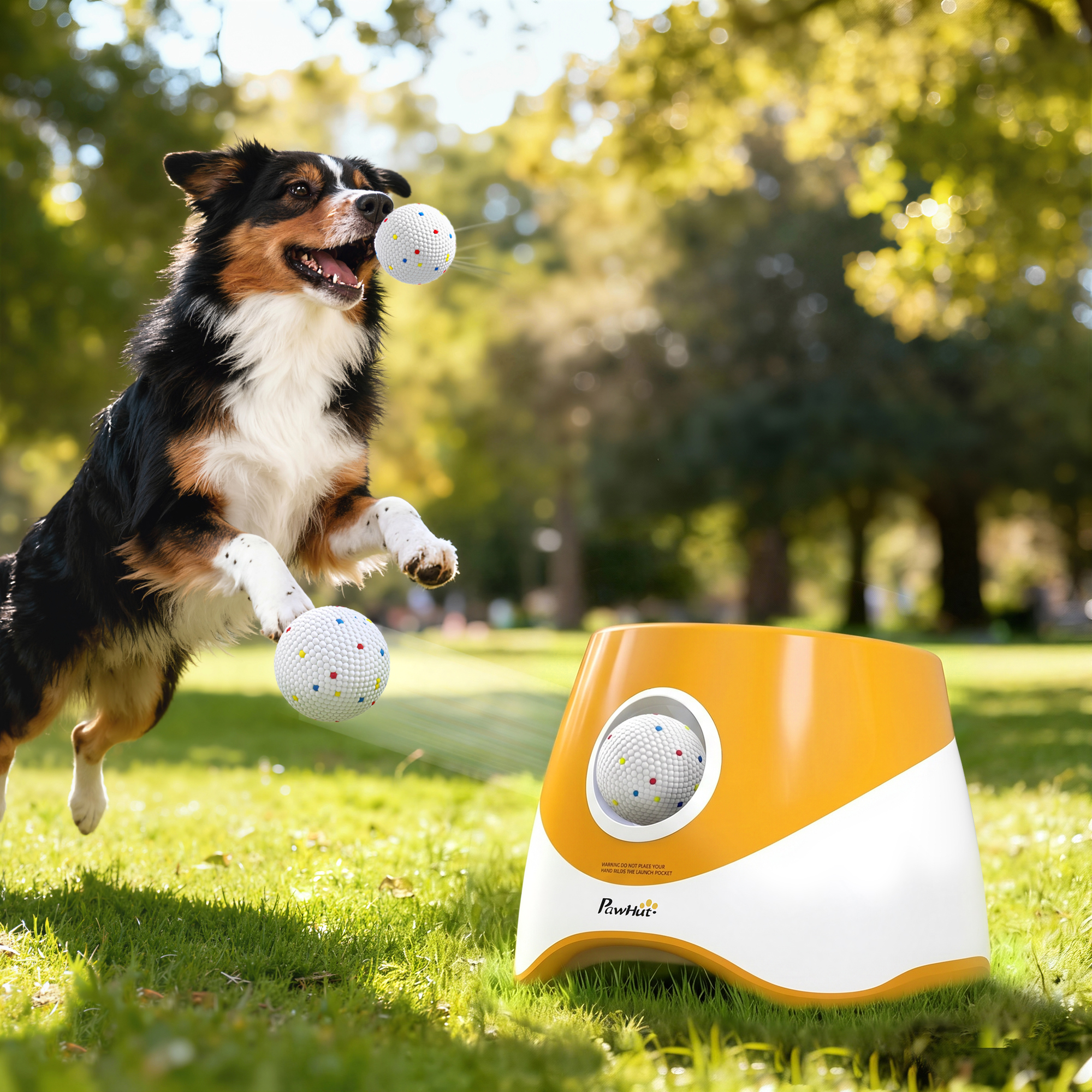 Automatic Dog Ball Launcher with 5 ETPU Balls 2.3", 3 Distance Settings 20ft, 33ft, 46ft, Orange