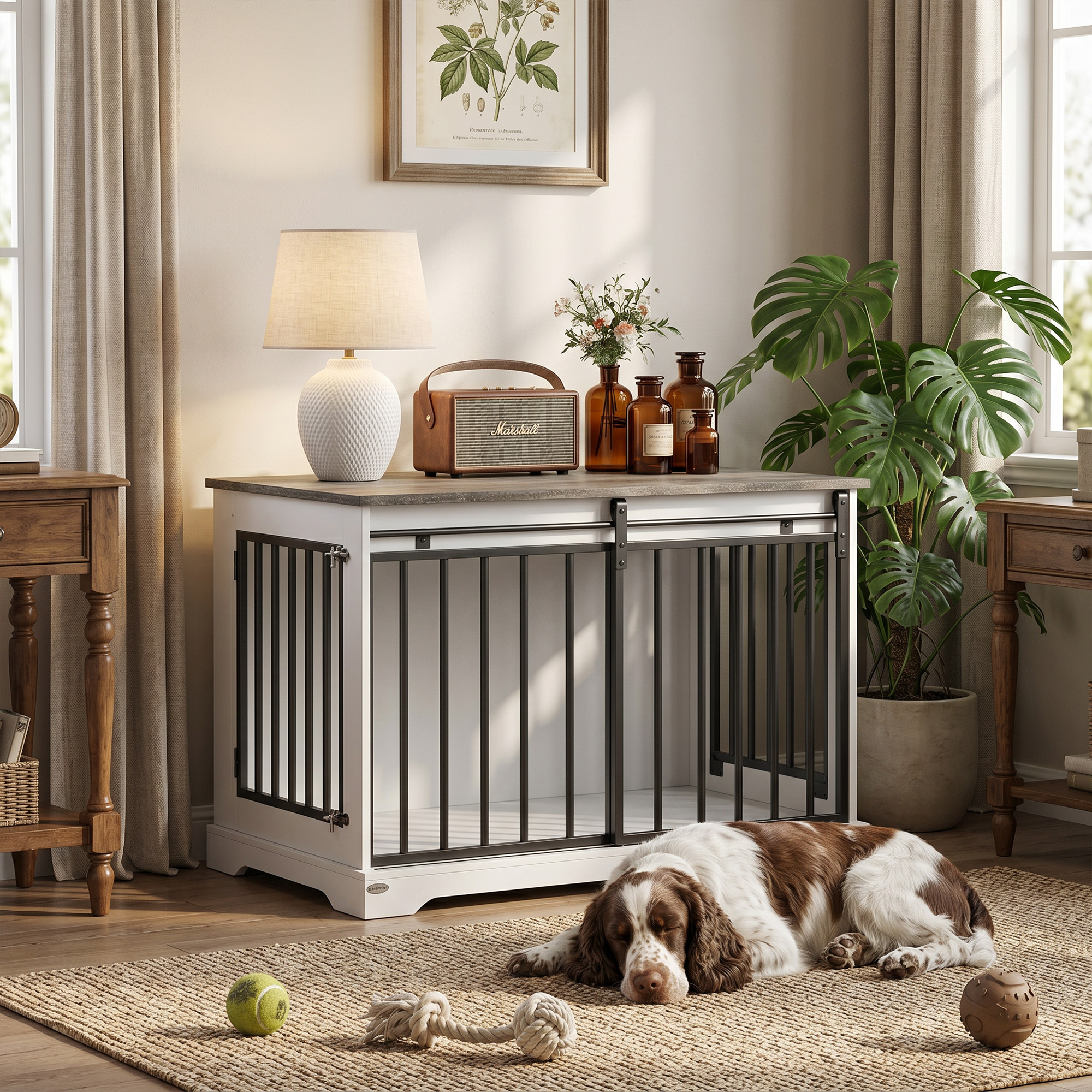 100 cm Dog Crate Furniture with Sliding Barn Door for Large Breeds, White