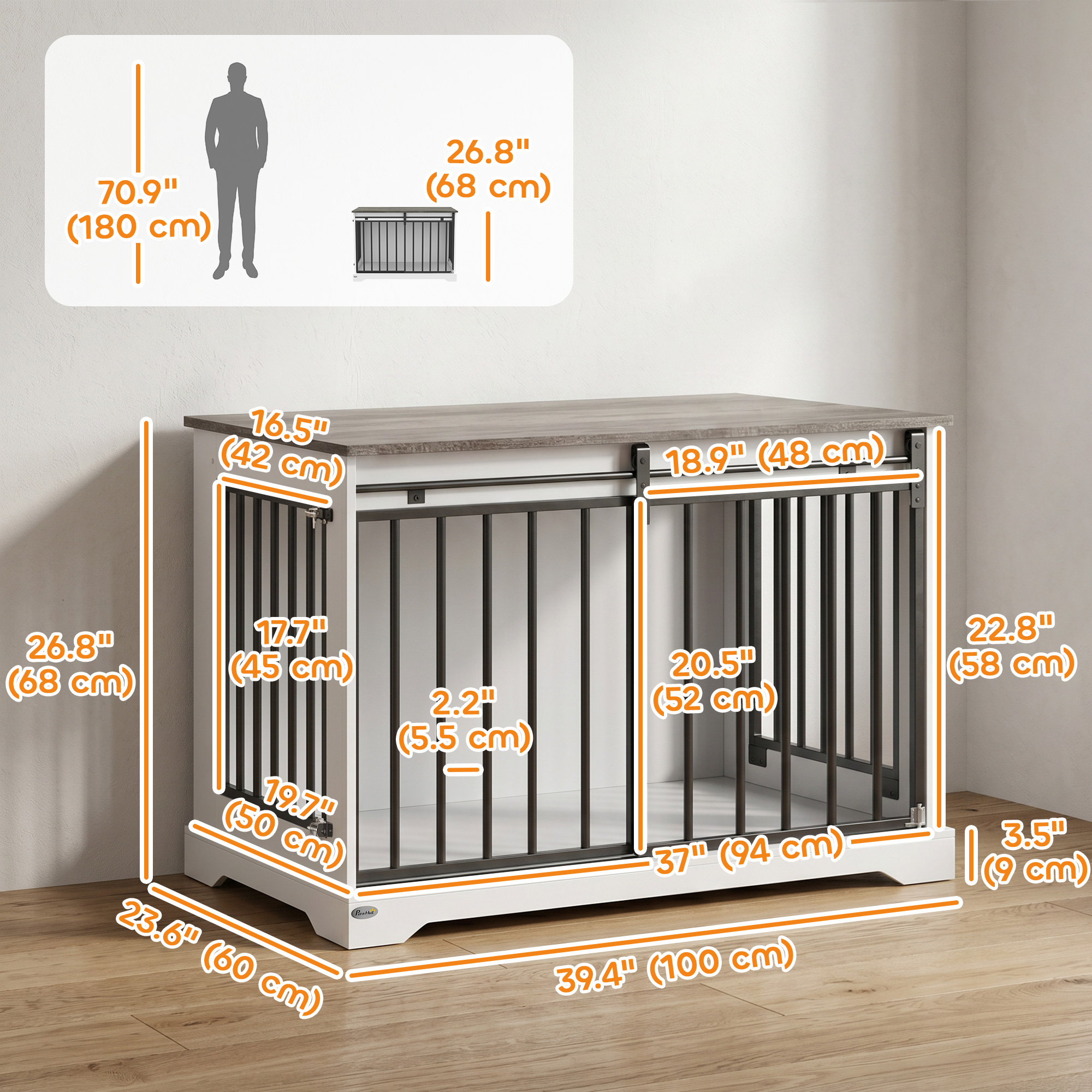 100 cm Dog Crate Furniture with Sliding Barn Door for Large Breeds, White