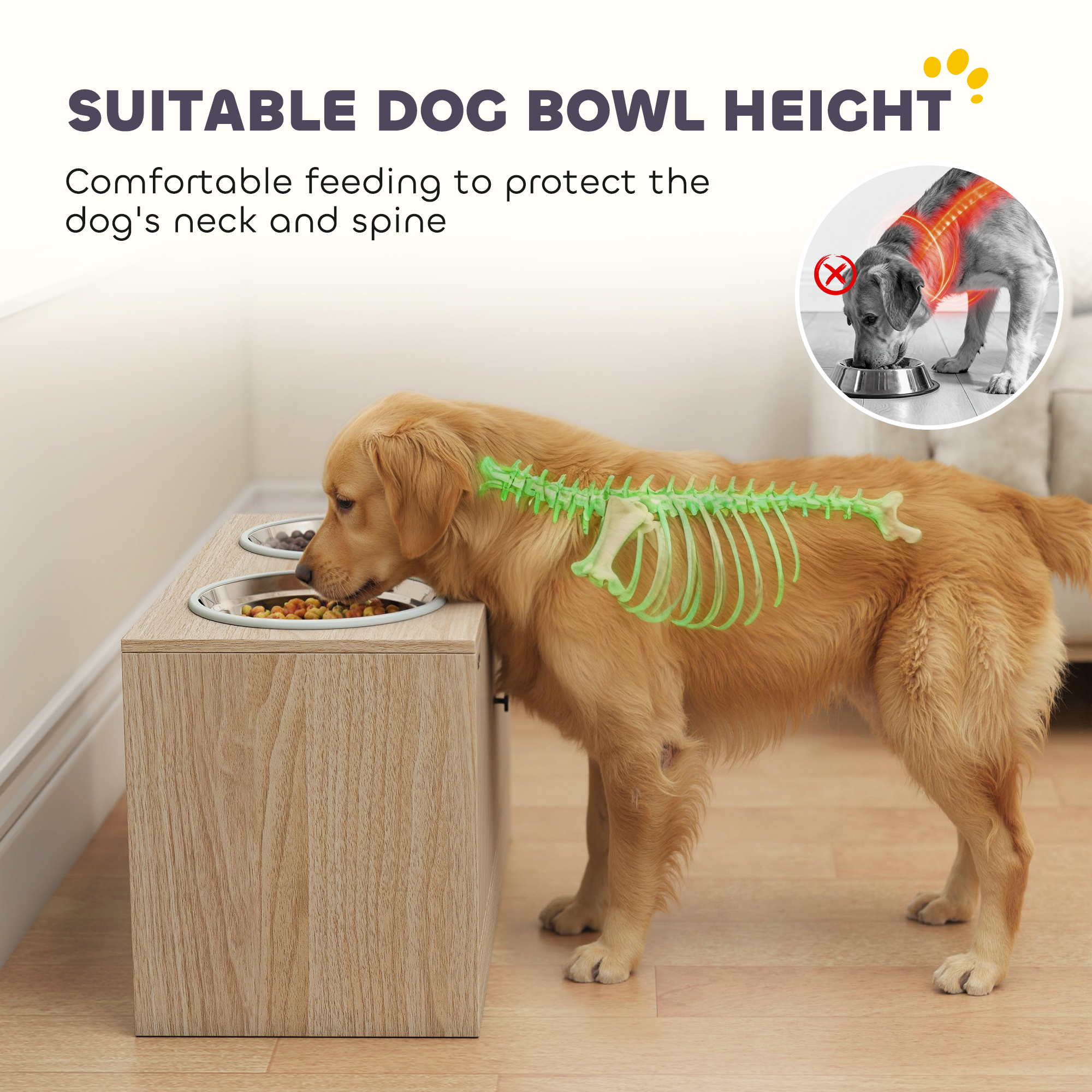 Raised Dog Bowls with Storage, Slow Feeder, 2 Stainless Steel Food and Water Bowl Non-Slip, Oak