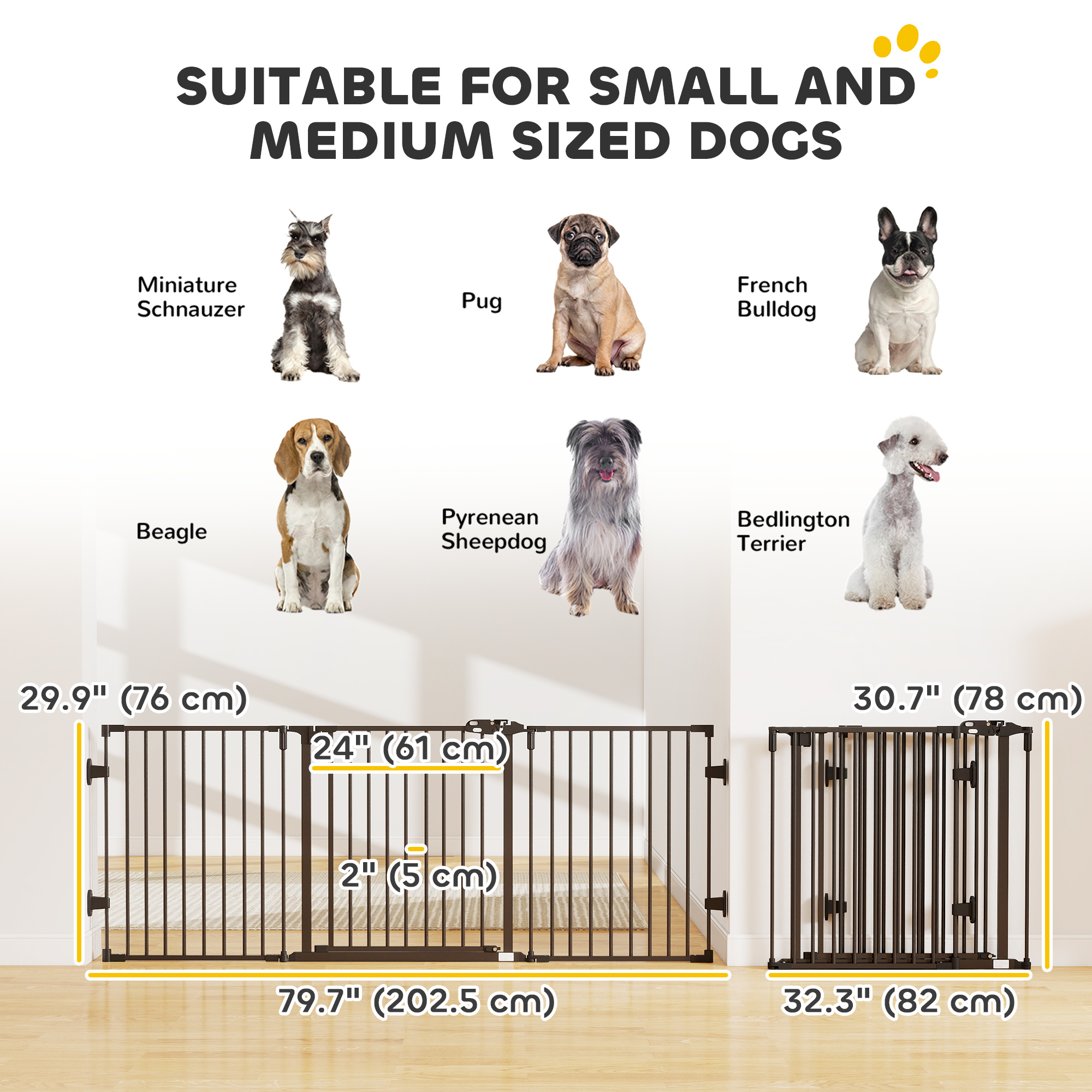 Foldable Dog Gate with Door, 3 Panel Metal Pet Gate for Stairs, Doorways and Fireplace, Auto-Close Safety Gate, Black