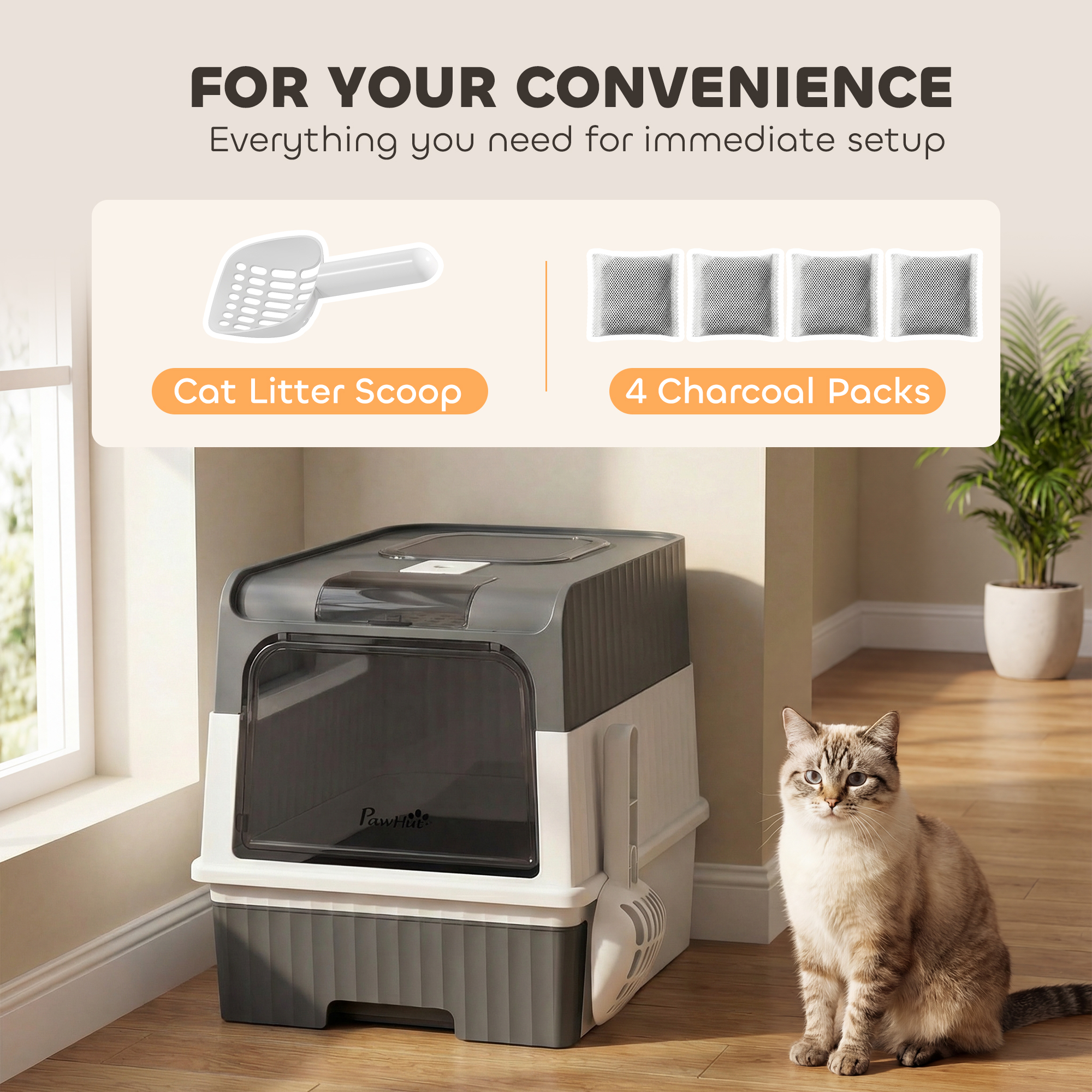 Cat Litter Box with Lid, Enclosed Kitty Litter Box with Pull-Out Drawer Tray, Scoop, 4 Deodorization Bags, Grey