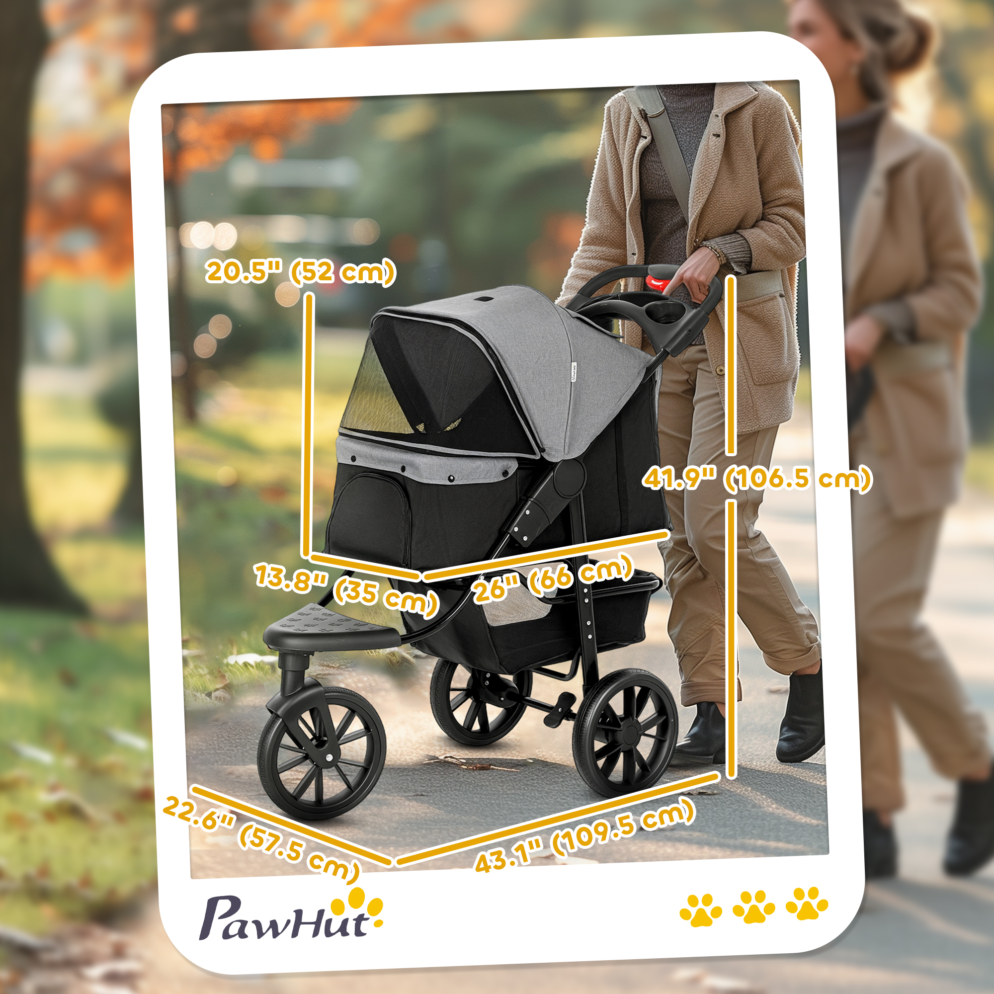 3 Wheel Folding Dog Stroller, Travel Carrier with Adjustable Canopy, Storage Brake, Mesh Window for S&M Dogs Grey