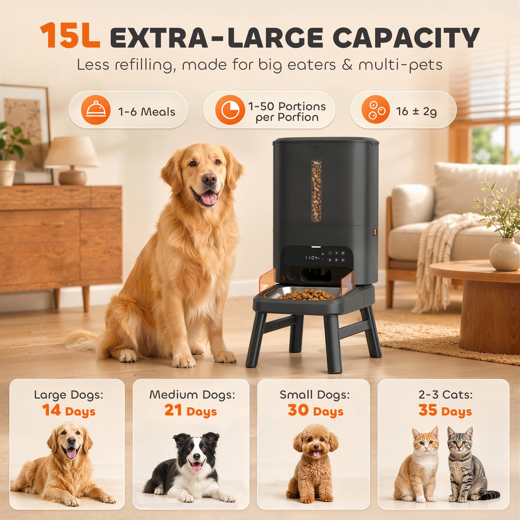 15L/63 Cups Anti-Clog Automatic Dog Feeder for Large Breed up to 23mm, Elevated Design, Dual Power, Easy to Set Up