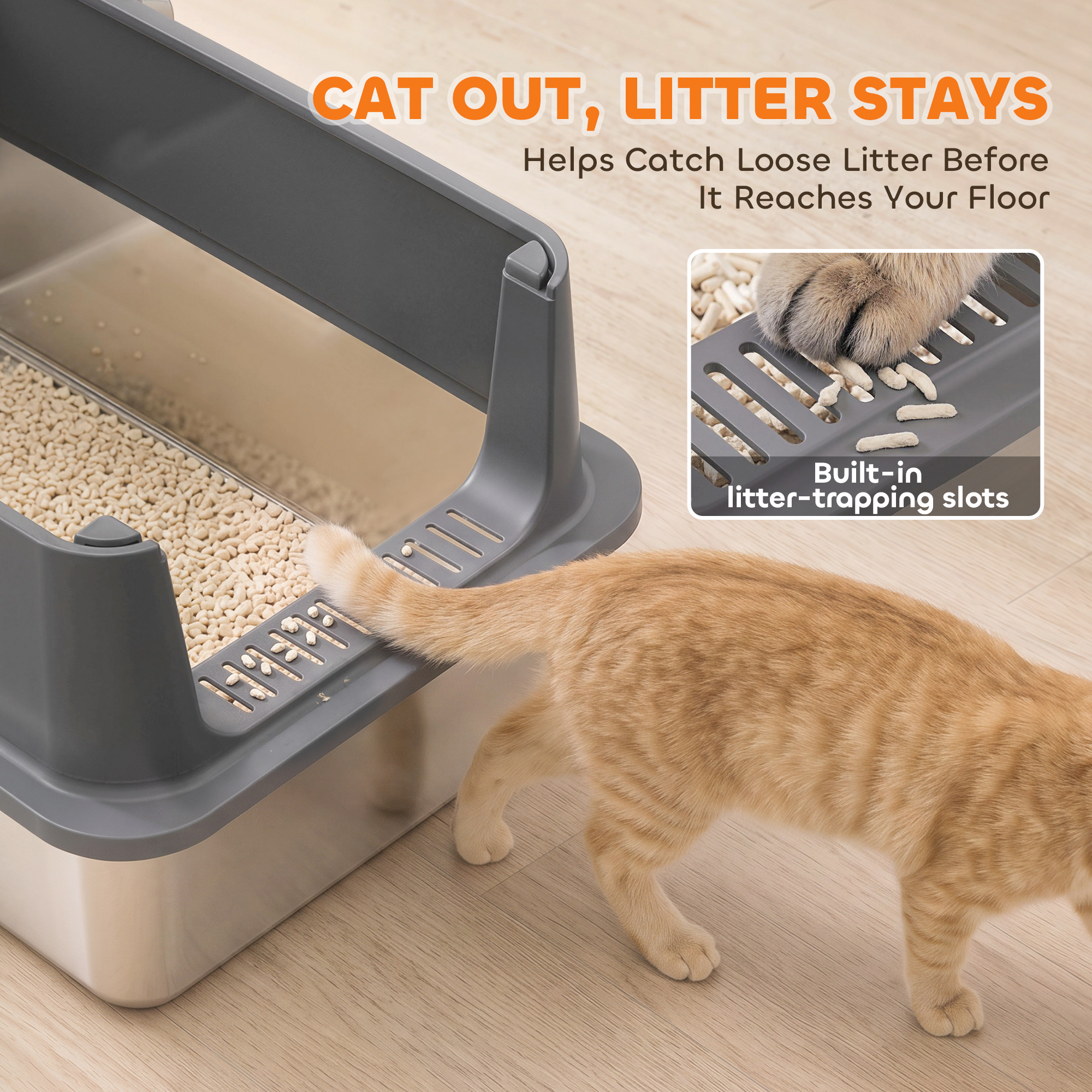 2 Pack XL Stainless Steel Litter Box with Scoops, High Sided, for Big and Multiple Cats, Anti-Urine Leakage