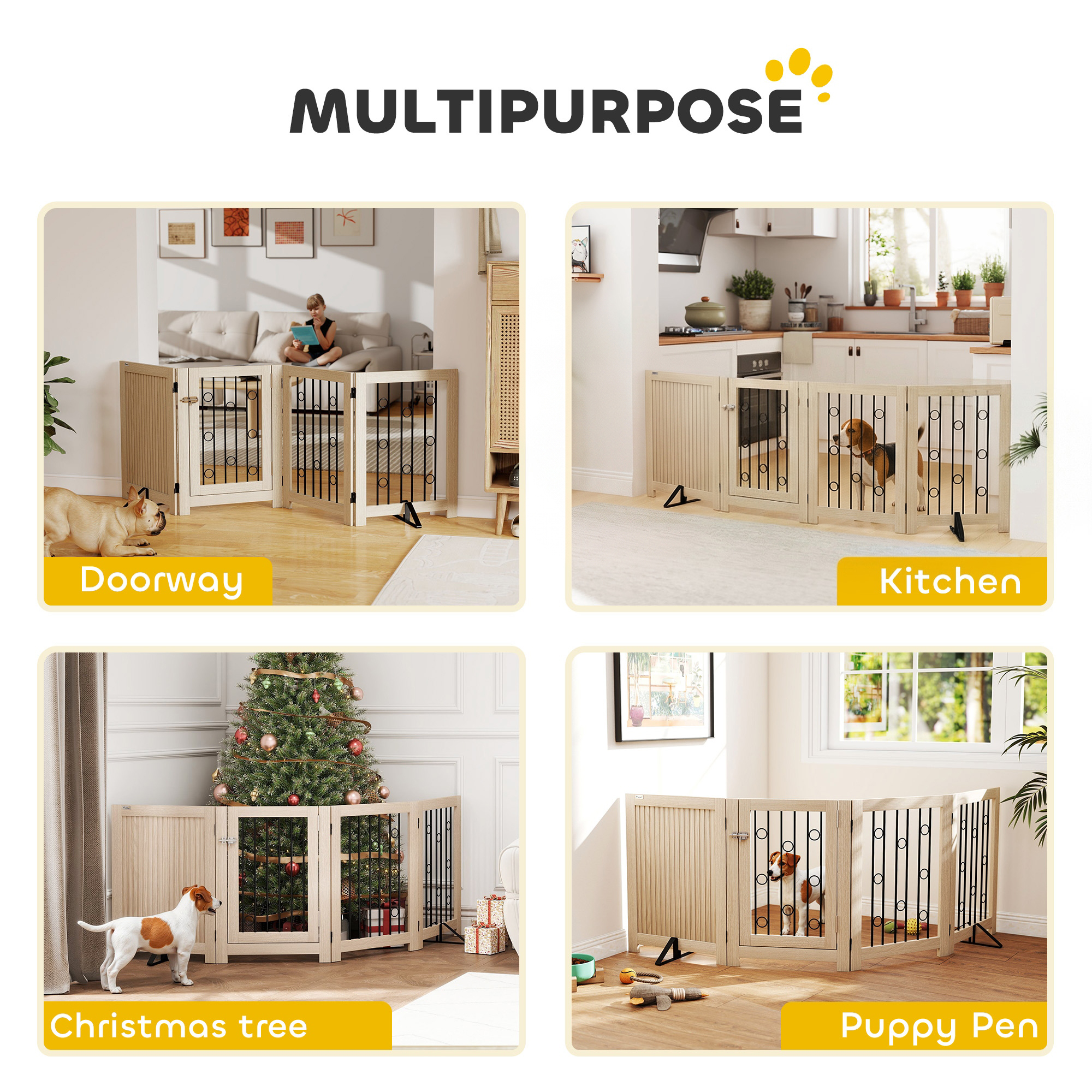 reestanding Dog Gate, Wooden Foldable Pet Gate with 4 Panels, Walk-Through Door, Support Feet, Non-Slip Mats