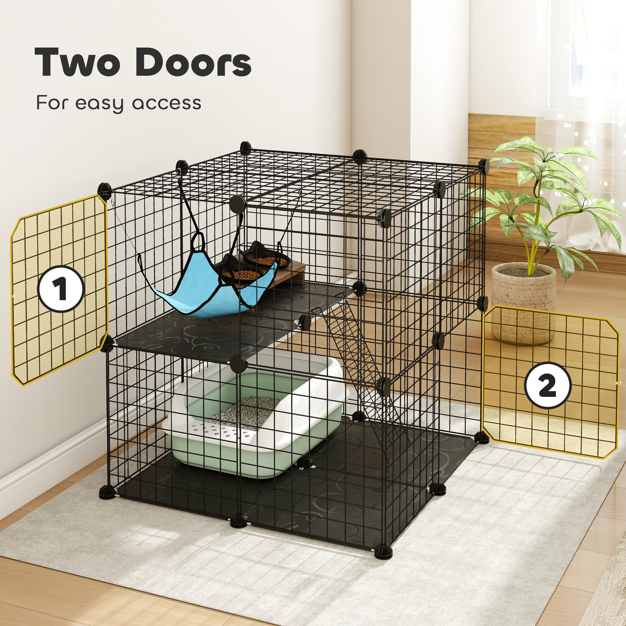 2 Tier Cat Cage Crate, DIY Pet Playpen with 2 Doors, Ladder, Hammock, Perch, Indoor Playpen for Kittens, Black