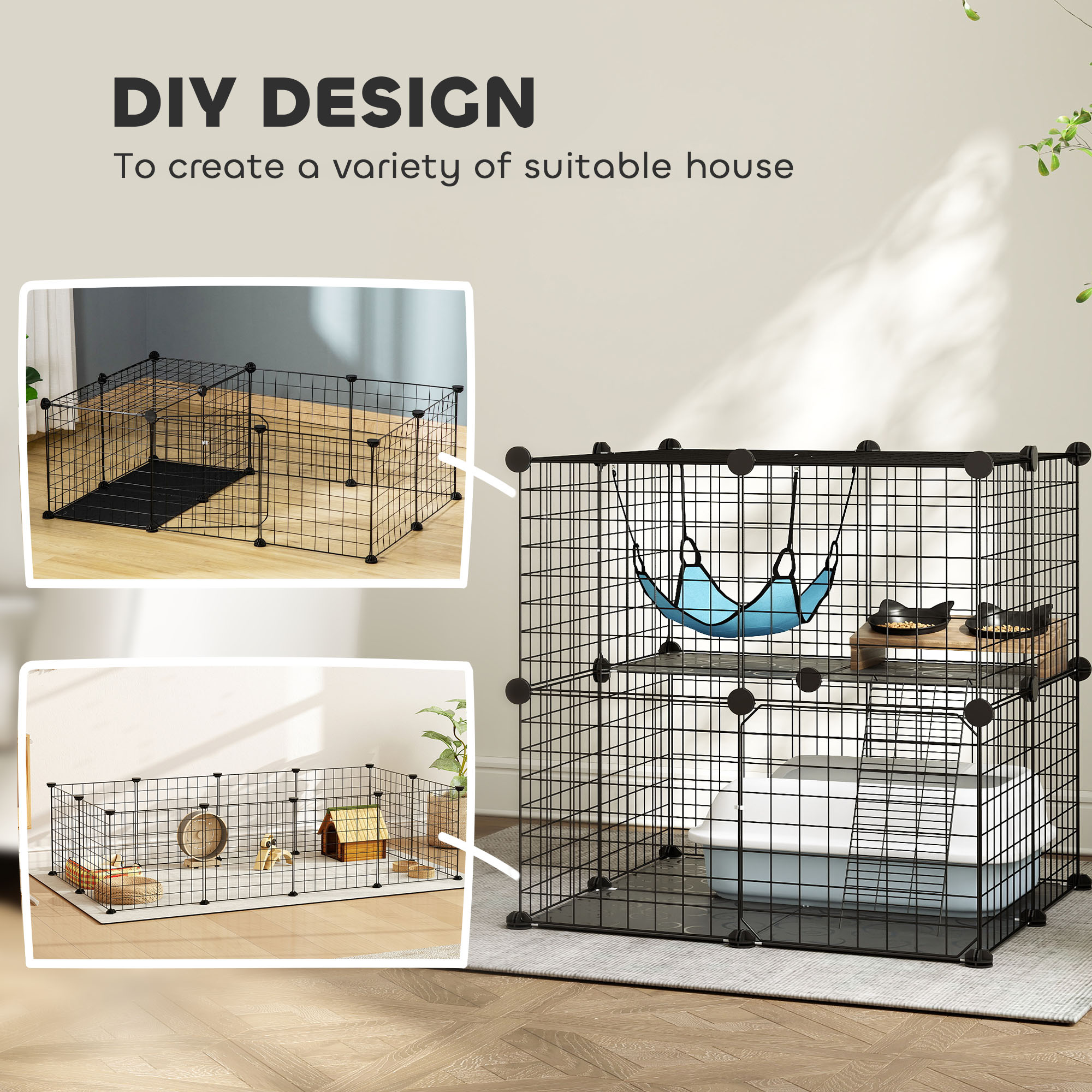 2 Tier Cat Cage Crate, DIY Pet Playpen with 2 Doors, Ladder, Hammock, Perch, Indoor Playpen for Kittens, Black