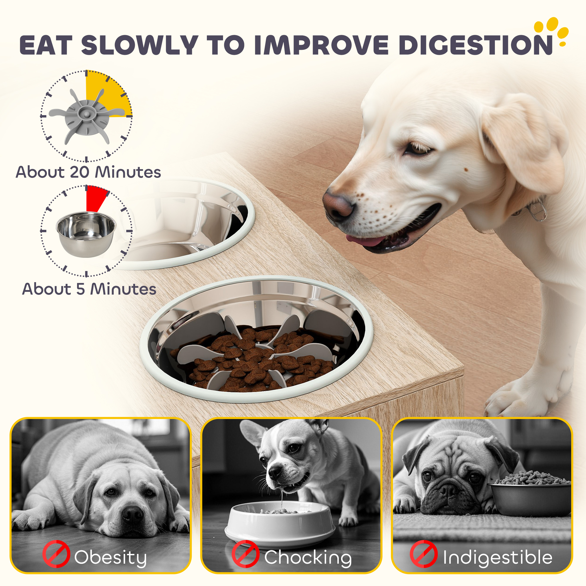 Raised Dog Bowls with Storage, Slow Feeder, 2 Stainless Steel Food and Water Bowl Non-Slip, Oak