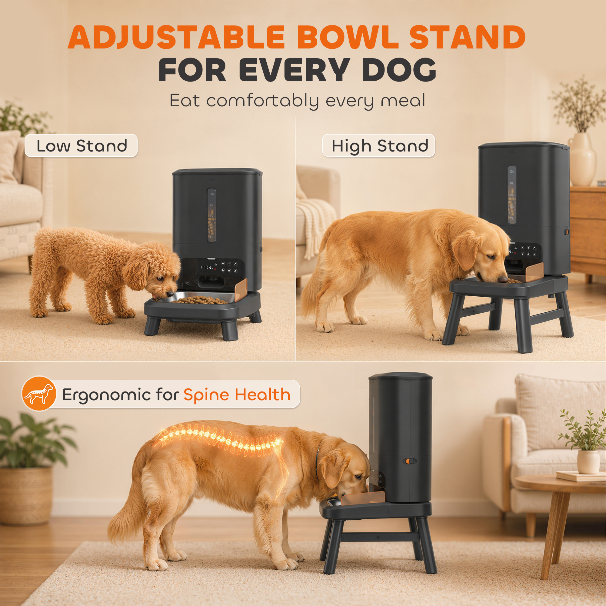 15L/63 Cups Anti-Clog Automatic Dog Feeder for Large Breed up to 23mm, Elevated Design, Dual Power, Easy to Set Up
