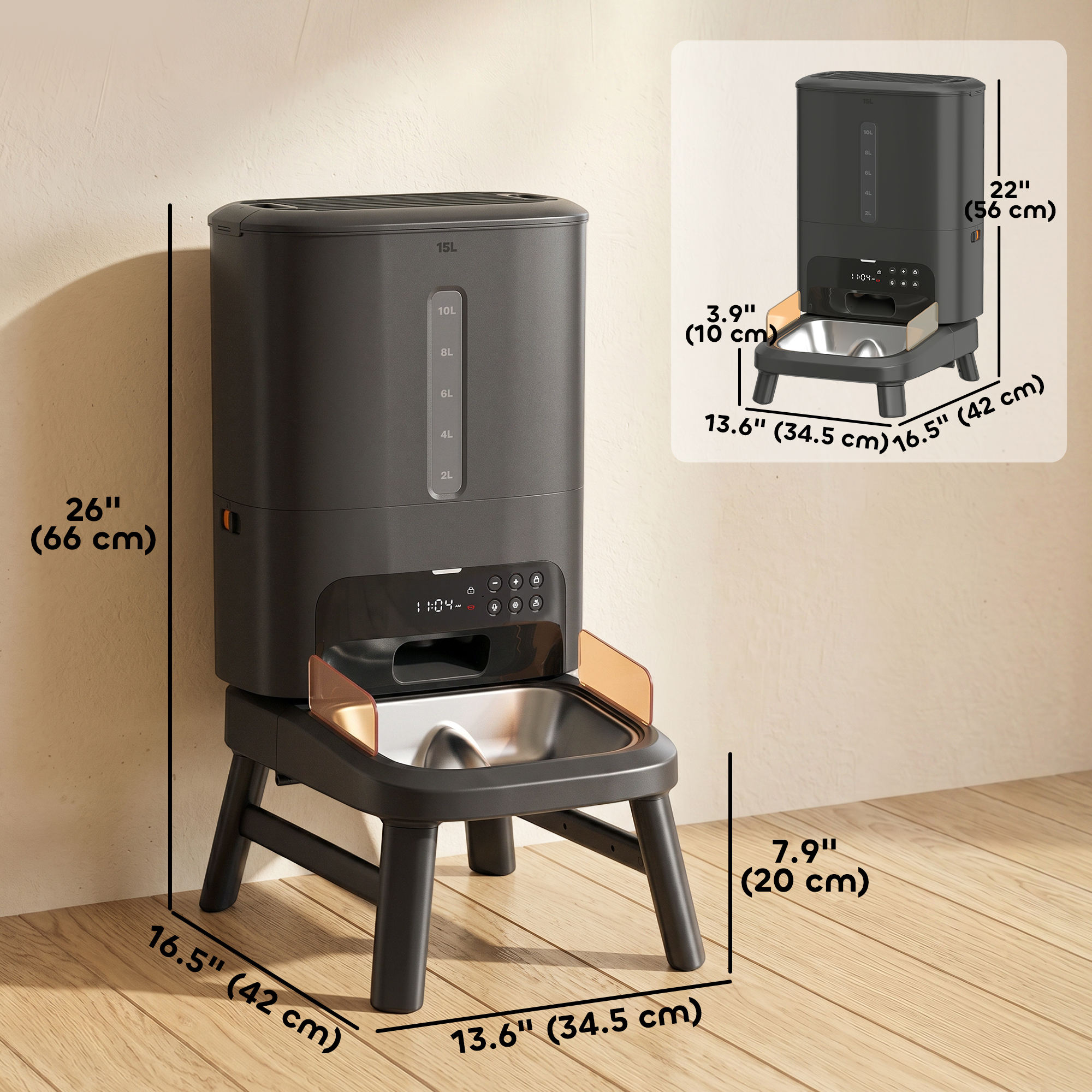 15L/63 Cups Anti-Clog Automatic Dog Feeder for Large Breed up to 23mm, Elevated Design, Dual Power, Easy to Set Up