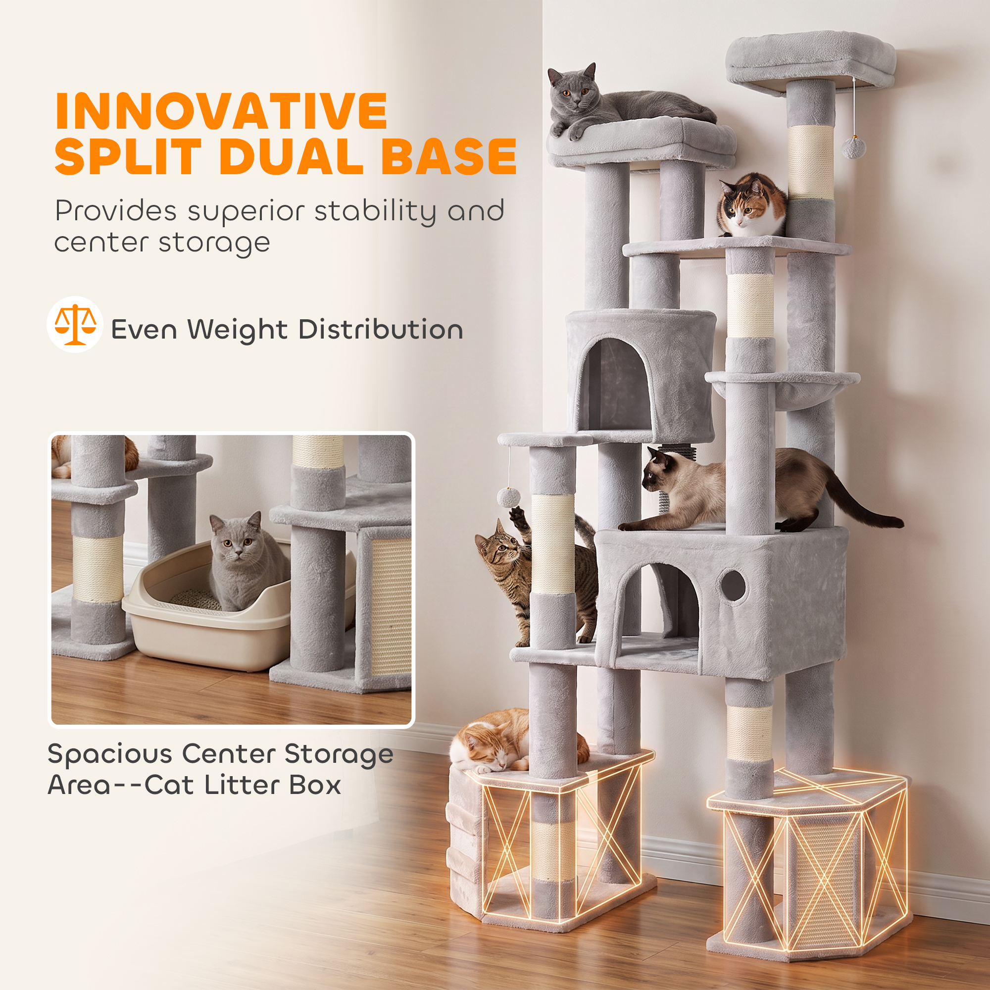 79" Tall Cat Tree for Indoor Large Cats Adult with Split Baseboard, 2 Cat Condos, 2 Beds, 5 Sisal Scratching Posts