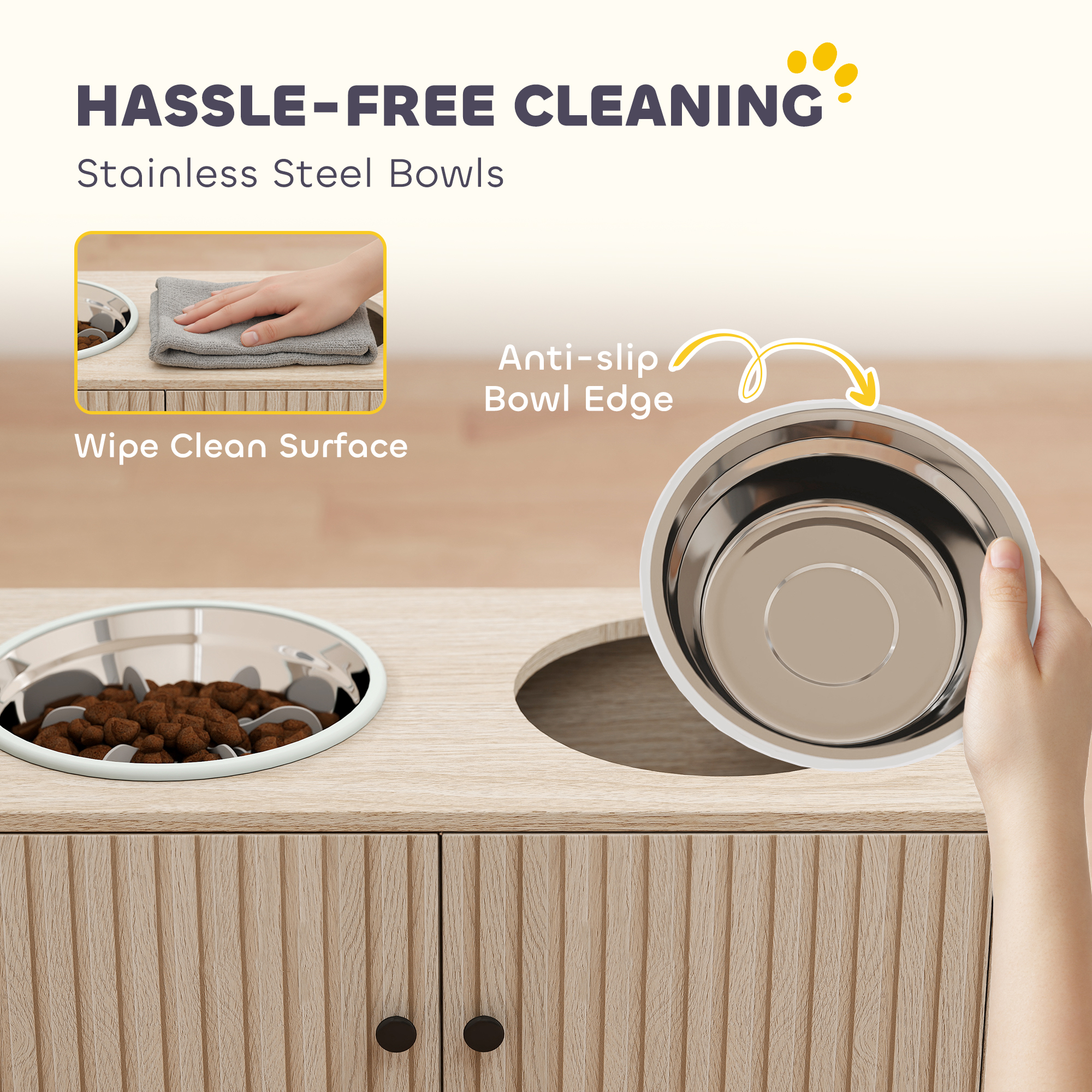 Raised Dog Bowls with Storage, Slow Feeder, 2 Stainless Steel Food and Water Bowl Non-Slip, Oak