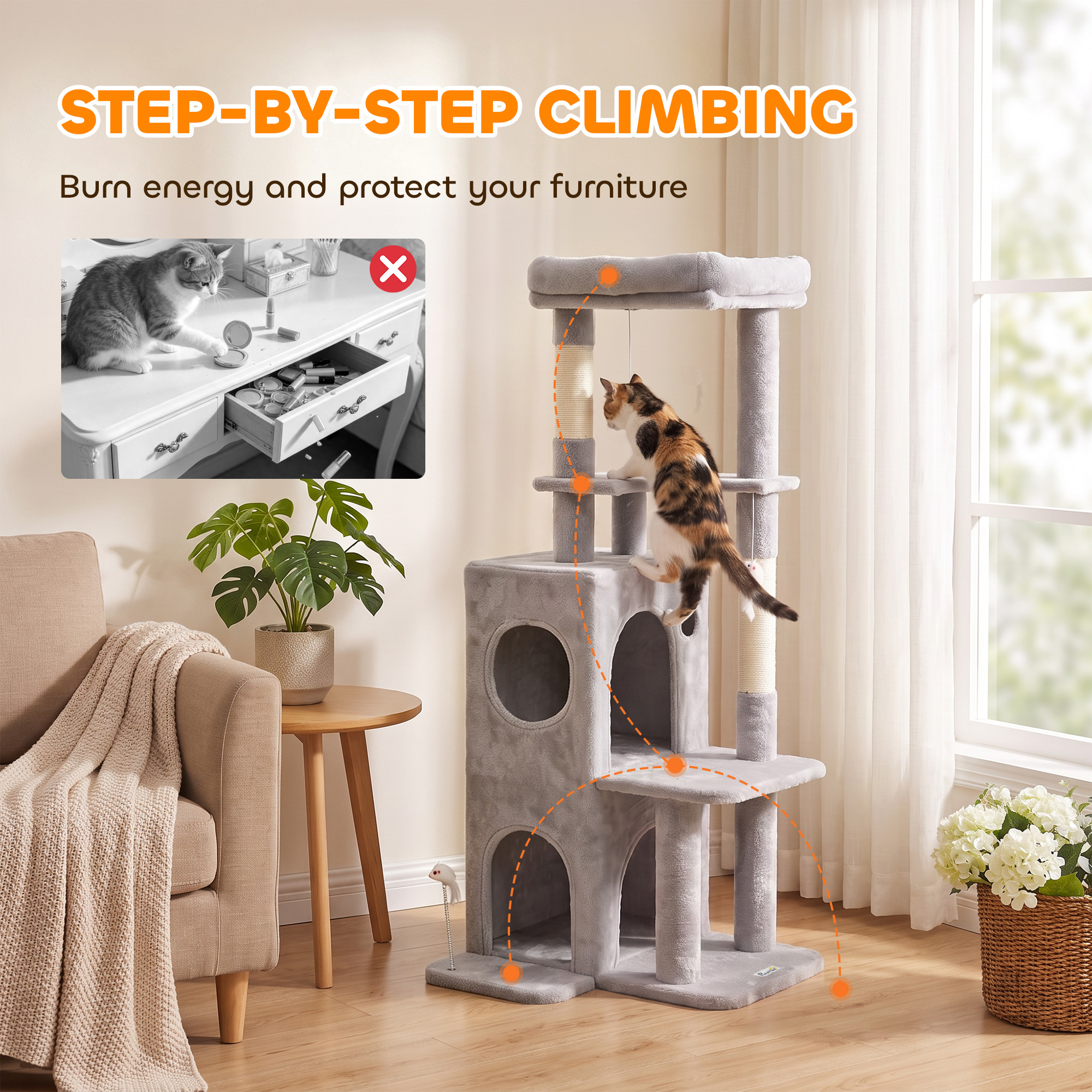52" Cat Tree, Multi-Level Large Cat Tower House with 2-Tier Condo, Bed, Sisal Scratching Posts, Light Grey