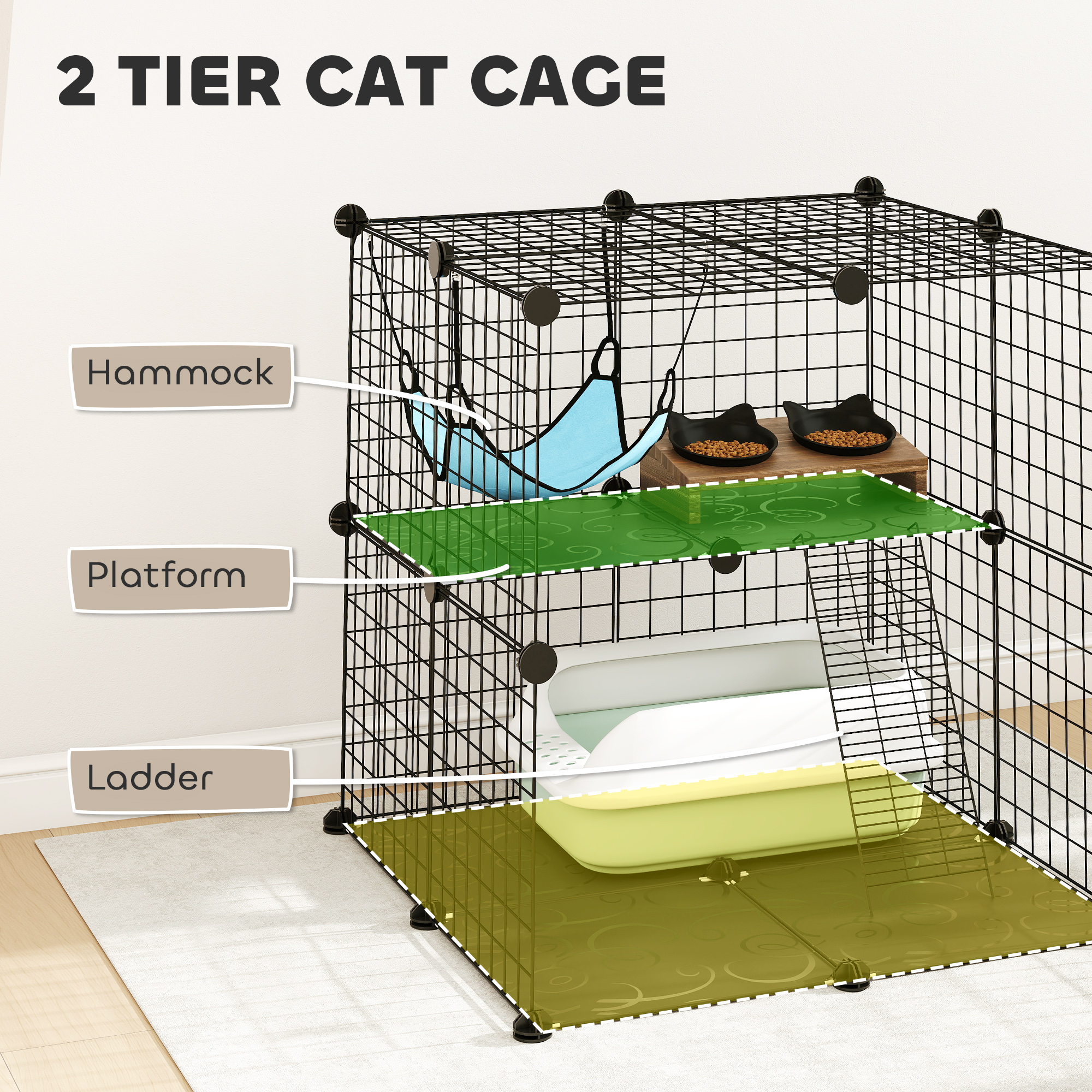 2 Tier Cat Cage Crate, DIY Pet Playpen with 2 Doors, Ladder, Hammock, Perch, Indoor Playpen for Kittens, Black