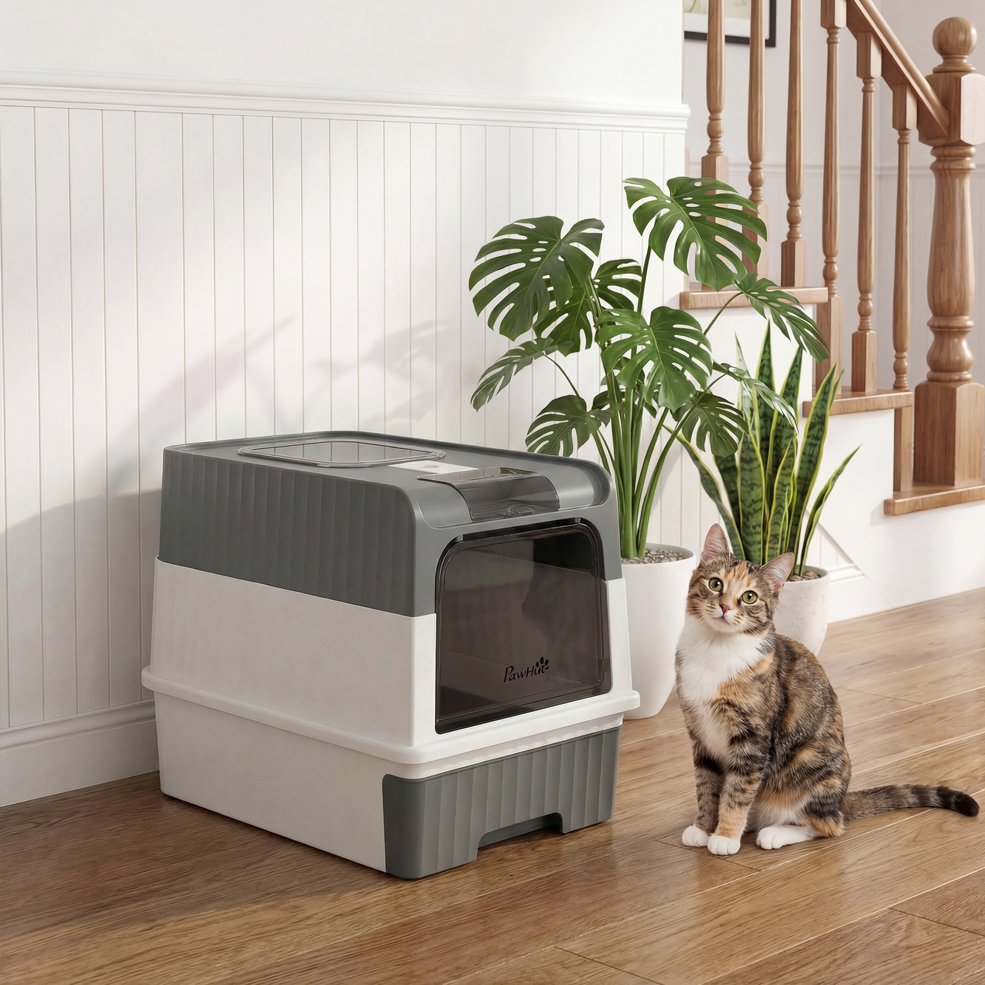 Cat Litter Box with Lid, Enclosed Kitty Litter Box with Pull-Out Drawer Tray, Scoop, 4 Deodorization Bags, Grey