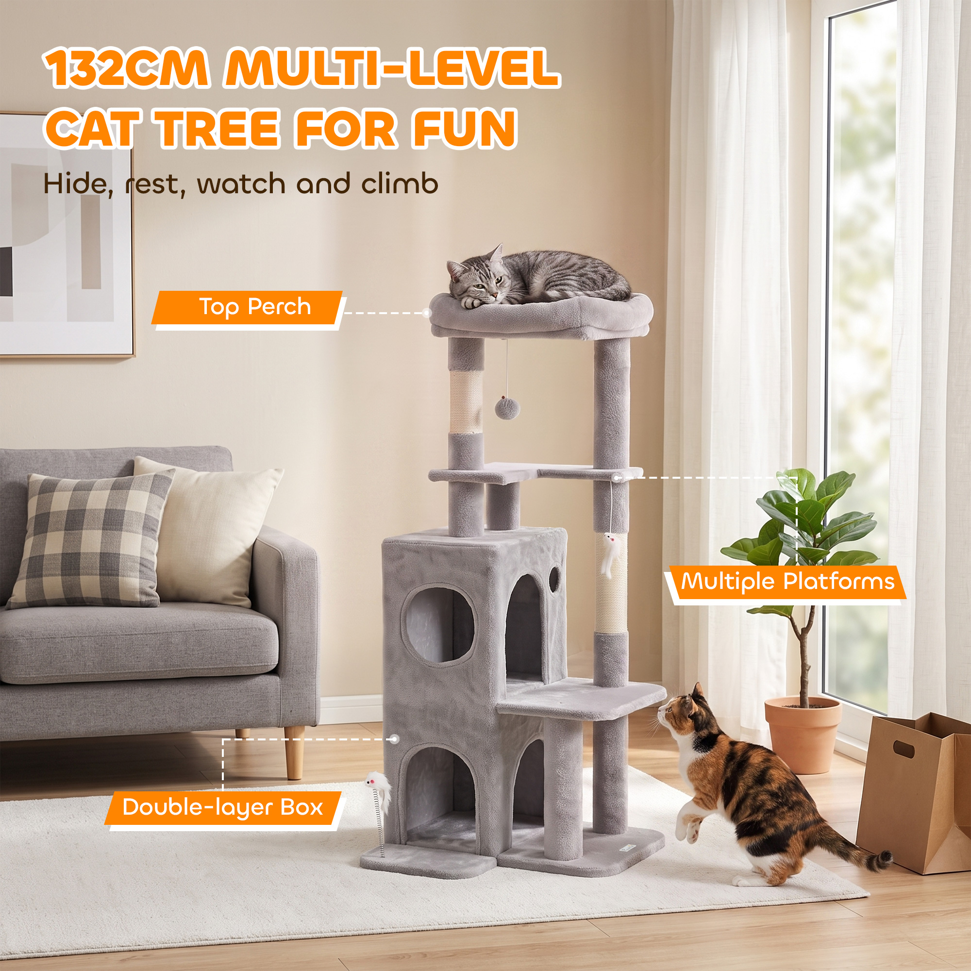 52" Cat Tree, Multi-Level Large Cat Tower House with 2-Tier Condo, Bed, Sisal Scratching Posts, Light Grey