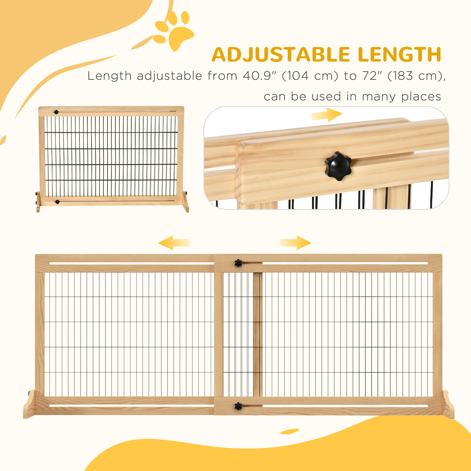 41"-71" Wooden Freestanding Pet Gate with Support Feet, for Small Medium Dogs, Natural