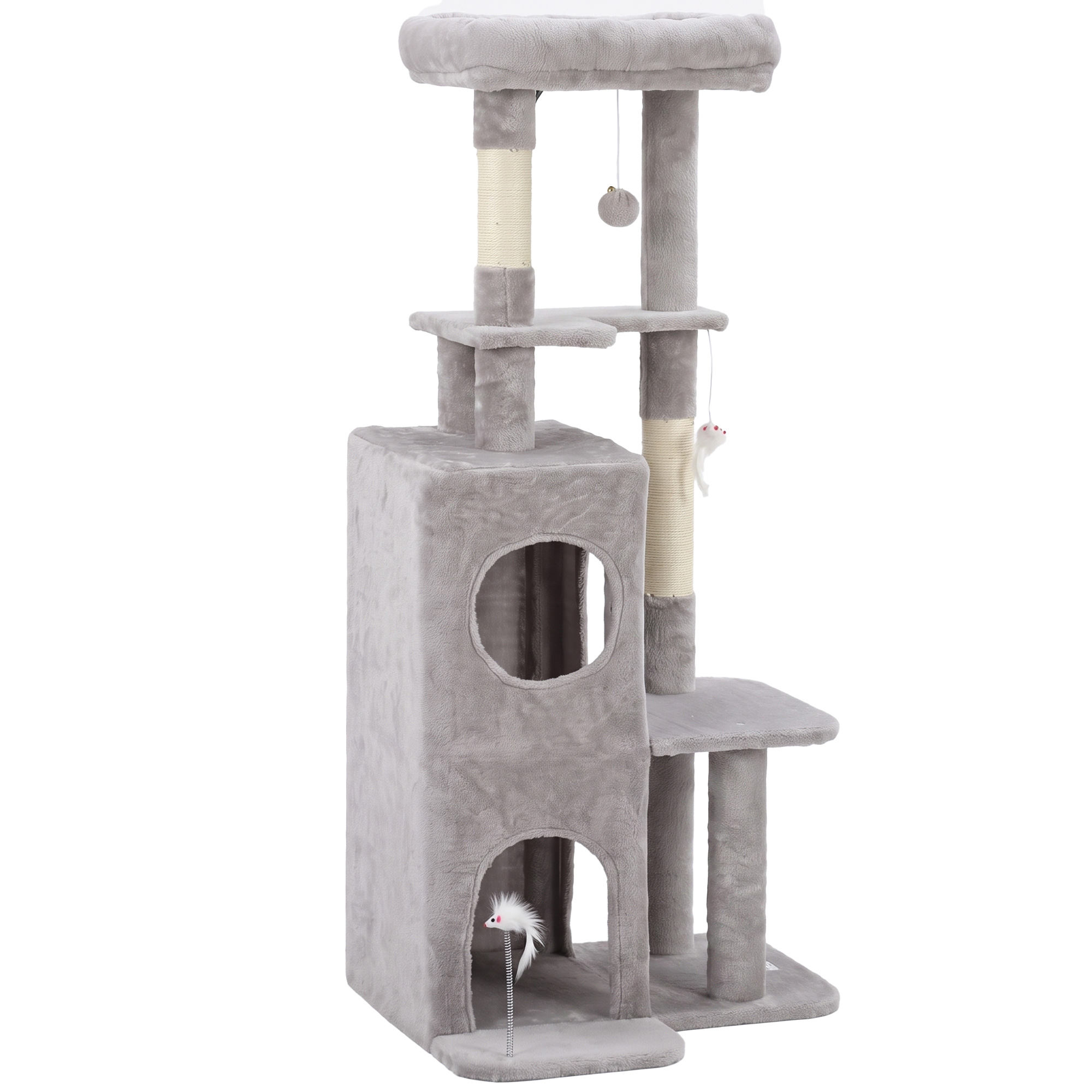 52" Cat Tree, Multi-Level Large Cat Tower House with 2-Tier Condo, Bed, Sisal Scratching Posts, Light Grey