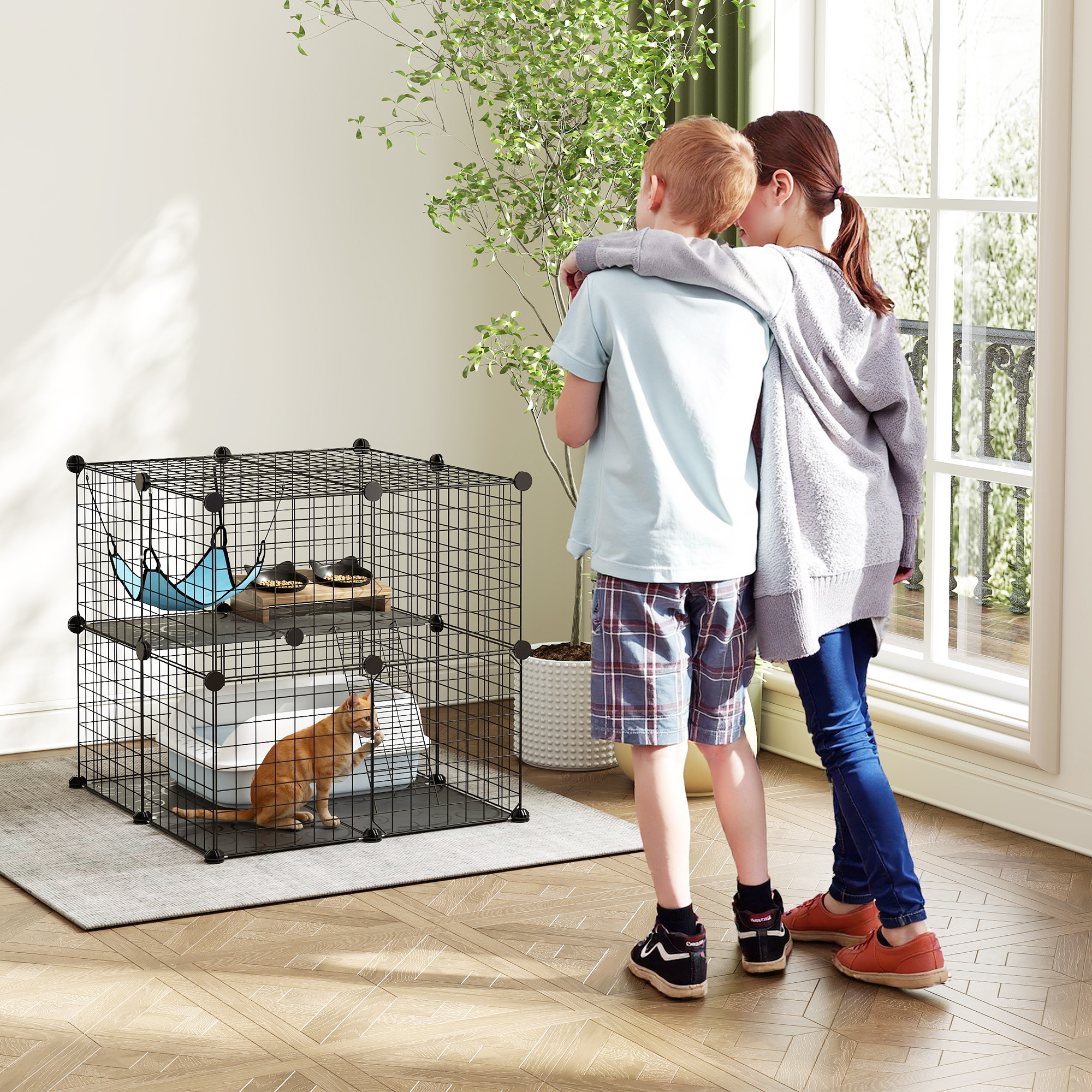 2 Tier Cat Cage Crate, DIY Pet Playpen with 2 Doors, Ladder, Hammock, Perch, Indoor Playpen for Kittens, Black