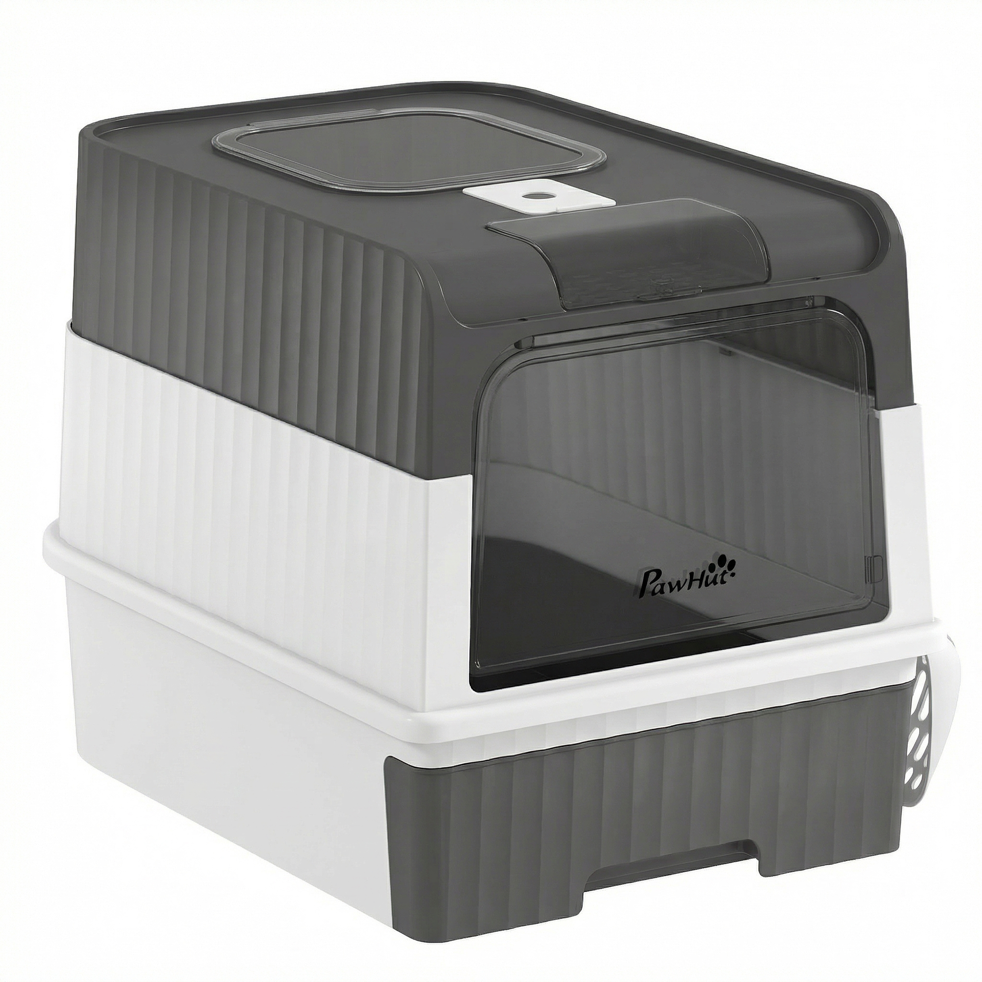 Cat Litter Box with Lid, Enclosed Kitty Litter Box with Pull-Out Drawer Tray, Scoop, 2 Deodorization Bags, Grey