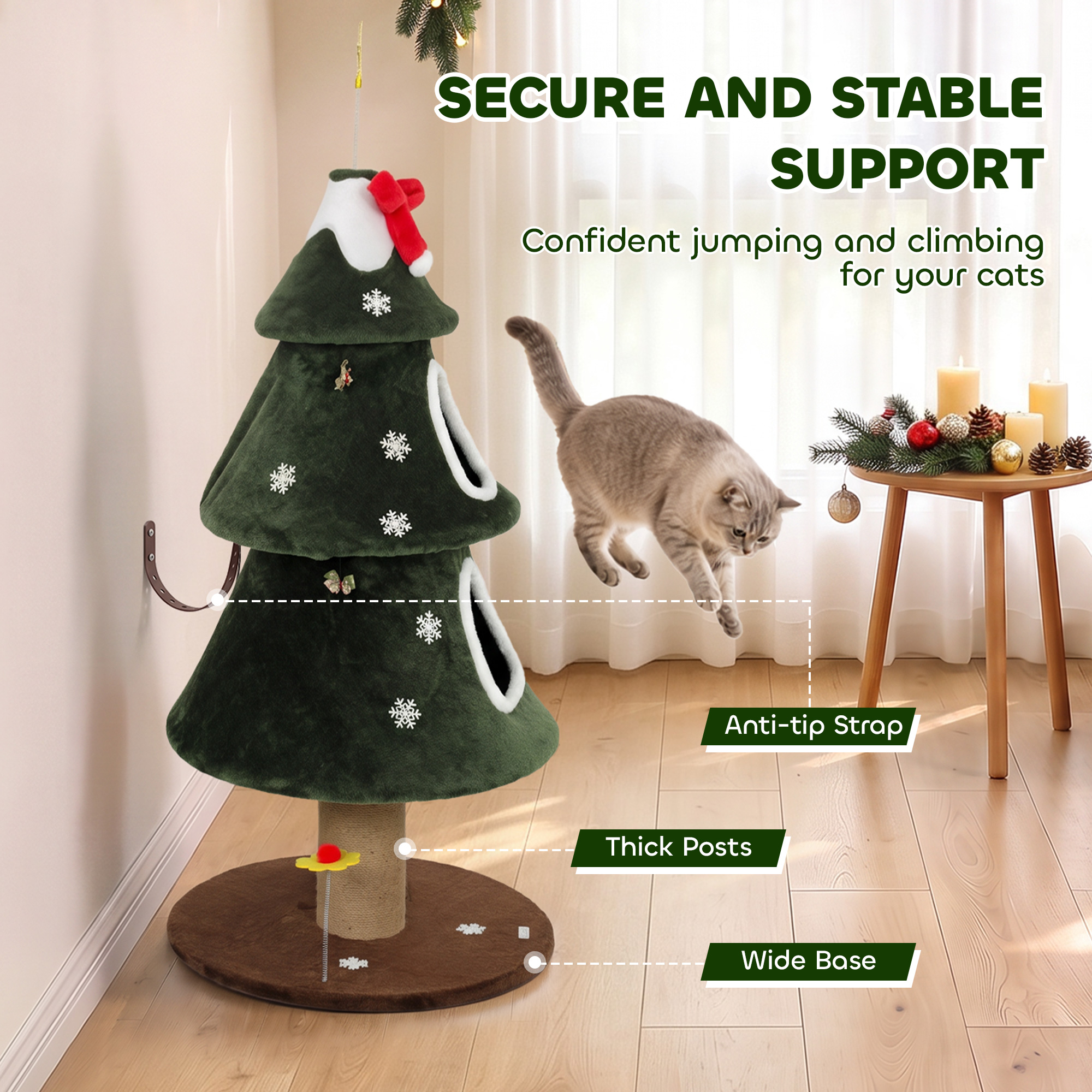 52" Christmas Cat Tree, 2-Tier Cat Tower with Dual Condos, Scratching Posts, Sisal Ladder, Anti-Tip Rope