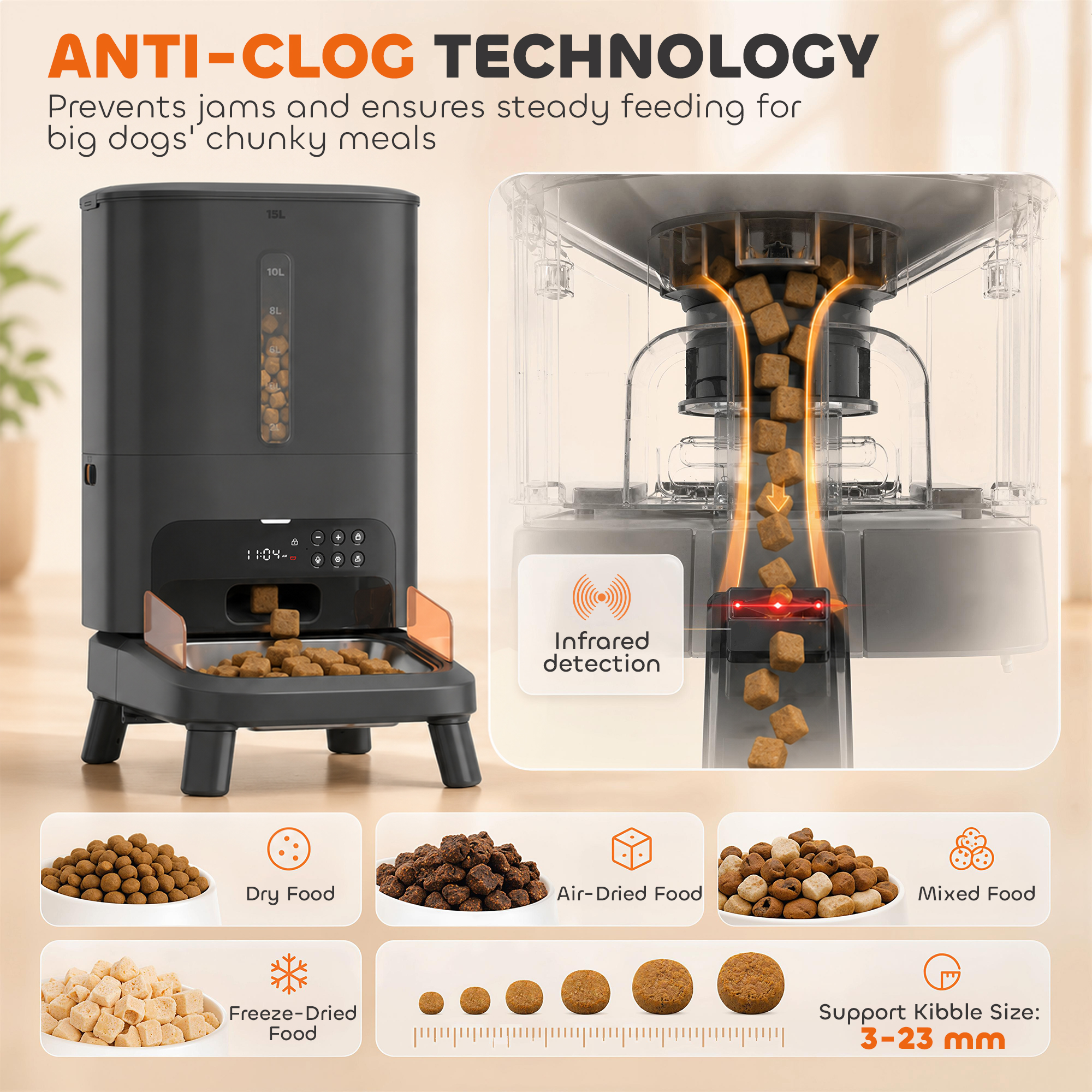 15L/63 Cups Anti-Clog Automatic Dog Feeder for Large Breed up to 23mm, Elevated Design, Dual Power, Easy to Set Up