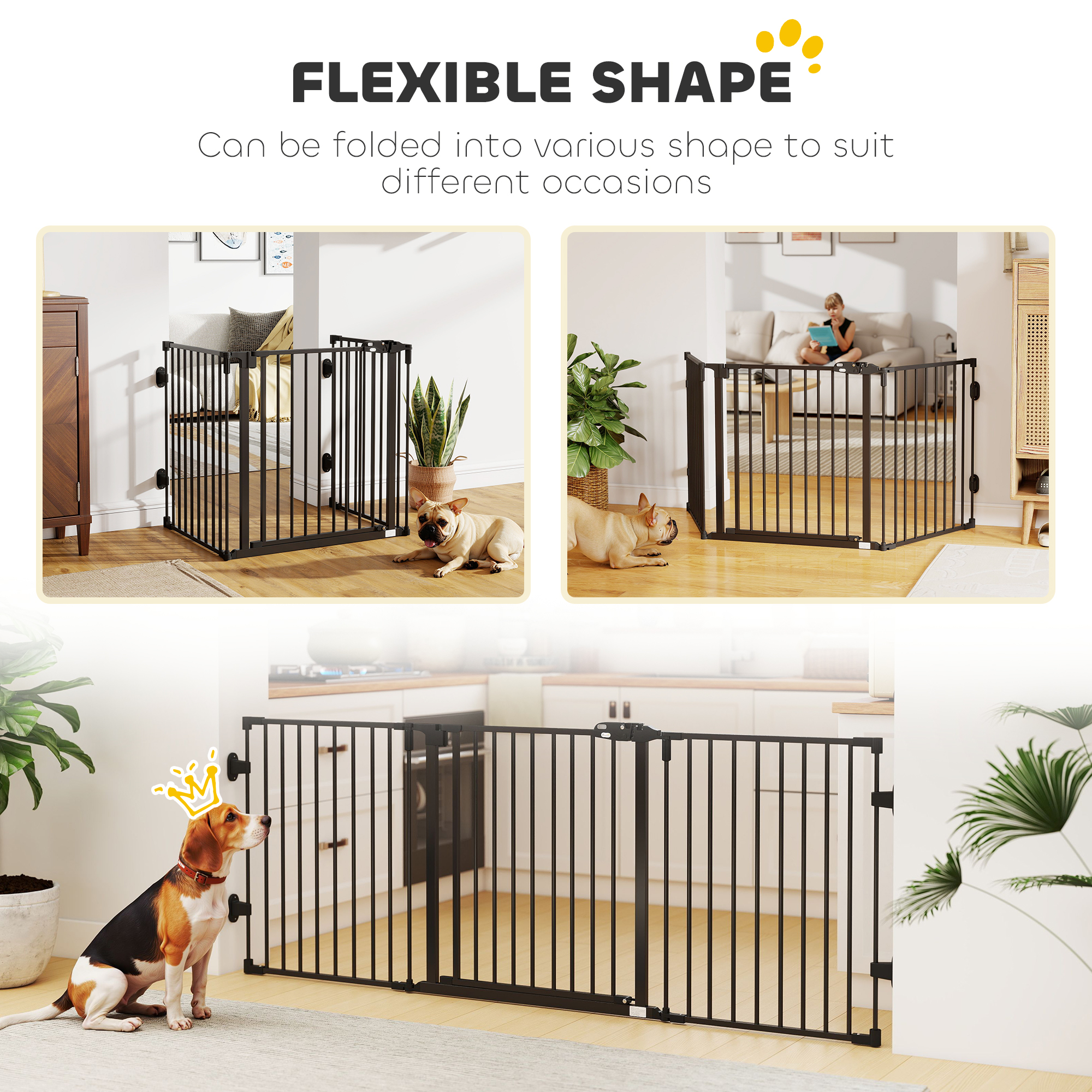 Foldable Dog Gate with Door, 3 Panel Metal Pet Gate for Stairs, Doorways and Fireplace, Auto-Close Safety Gate, Black