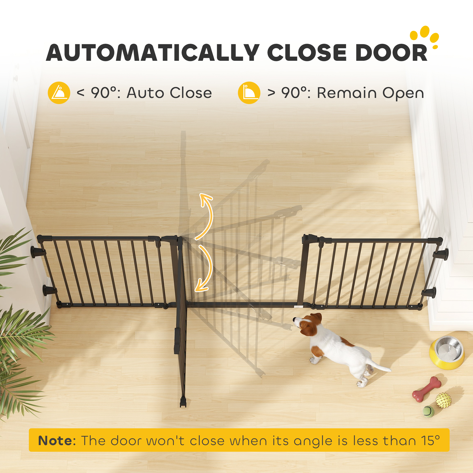 Foldable Dog Gate with Door, 3 Panel Metal Pet Gate for Stairs, Doorways and Fireplace, Auto-Close Safety Gate, Black
