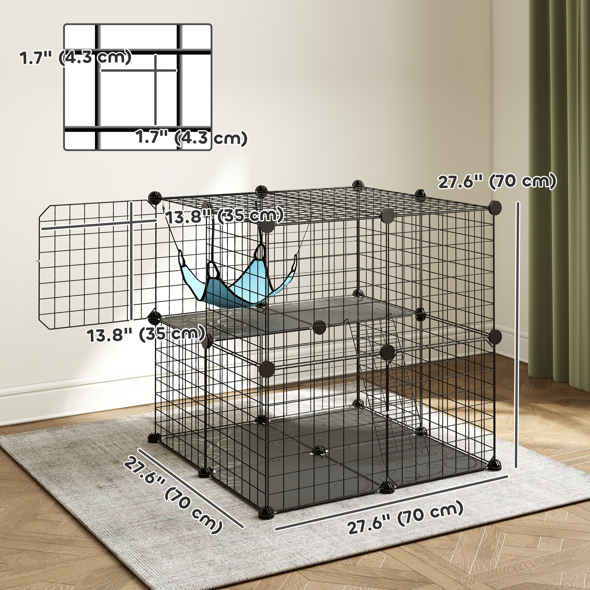 2 Tier Cat Cage Crate, DIY Pet Playpen with 2 Doors, Ladder, Hammock, Perch, Indoor Playpen for Kittens, Black