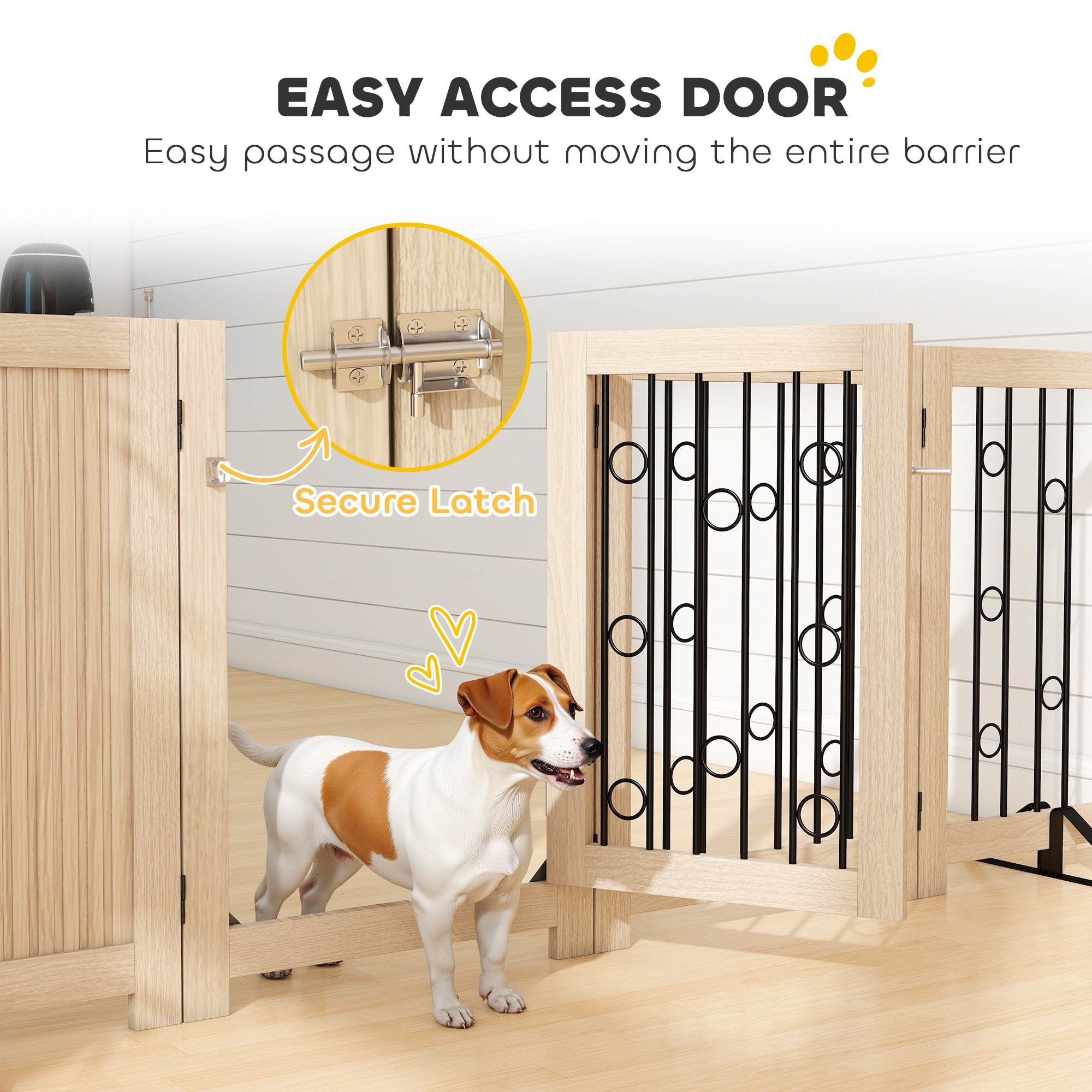 reestanding Dog Gate, Wooden Foldable Pet Gate with 4 Panels, Walk-Through Door, Support Feet, Non-Slip Mats