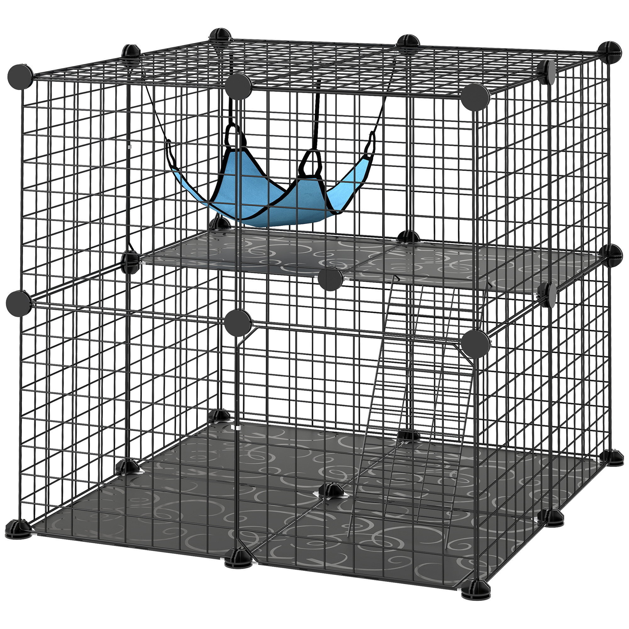 2 Tier Cat Cage Crate, DIY Pet Playpen with 2 Doors, Ladder, Hammock, Perch, Indoor Playpen for Kittens, Black