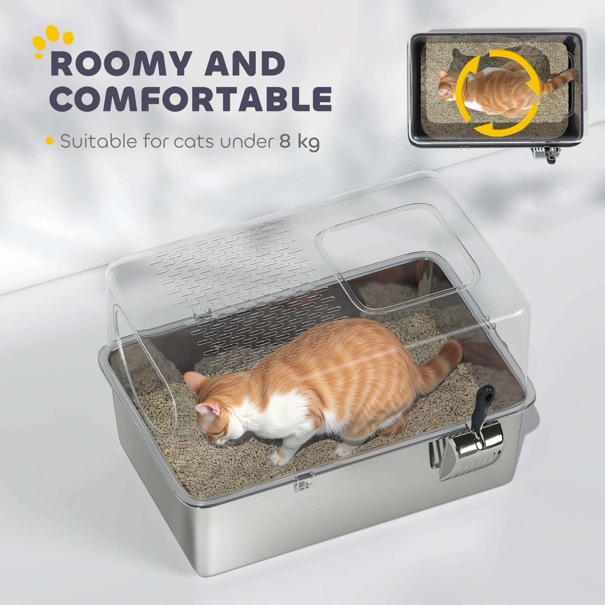 Stainless Steel Cat Litter Box with Lid, Extra Large Enclosed Litter Box with Top Litter-Catching Holes, Scoop, Silver