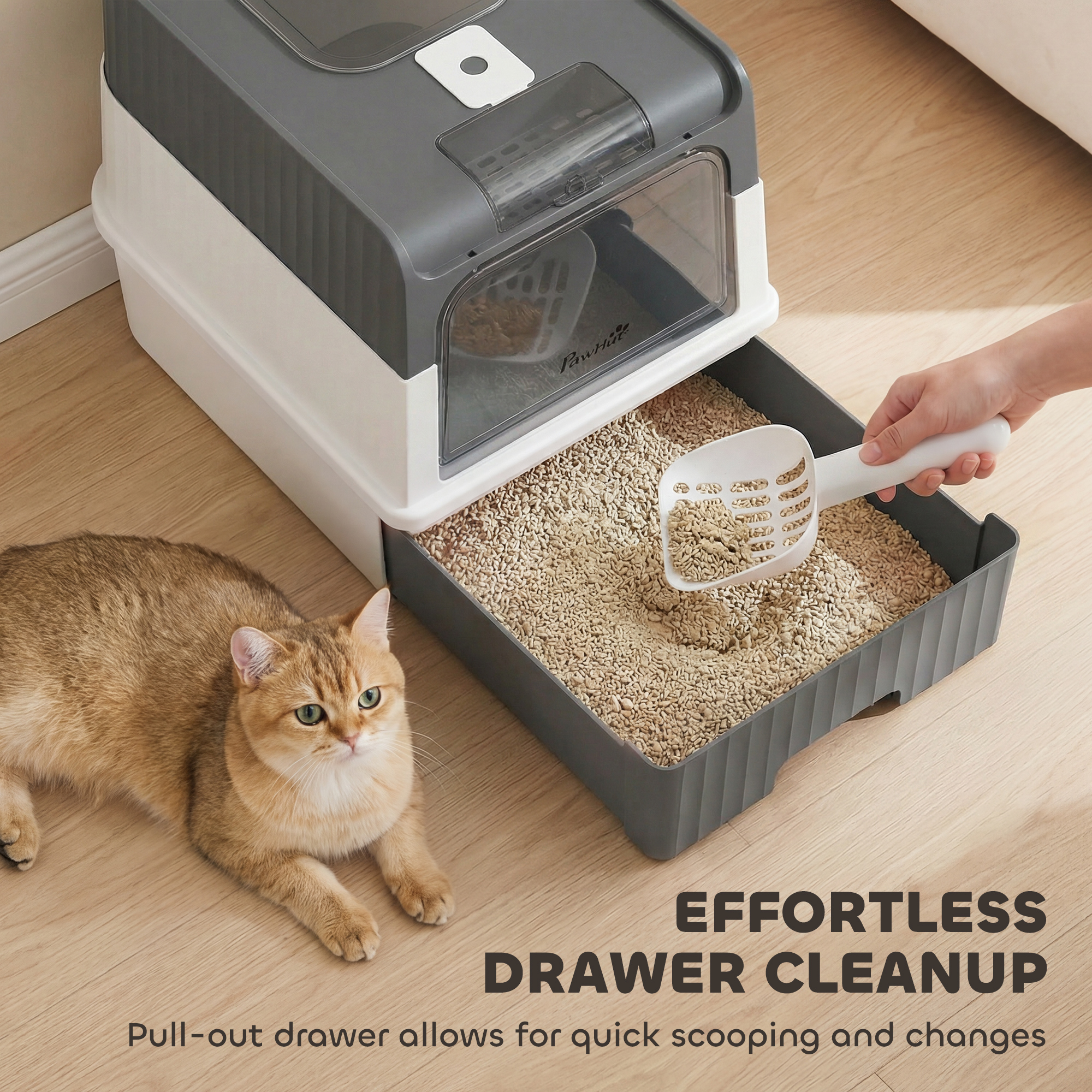 Cat Litter Box with Lid, Enclosed Kitty Litter Box with Pull-Out Drawer Tray, Scoop, 4 Deodorization Bags, Grey