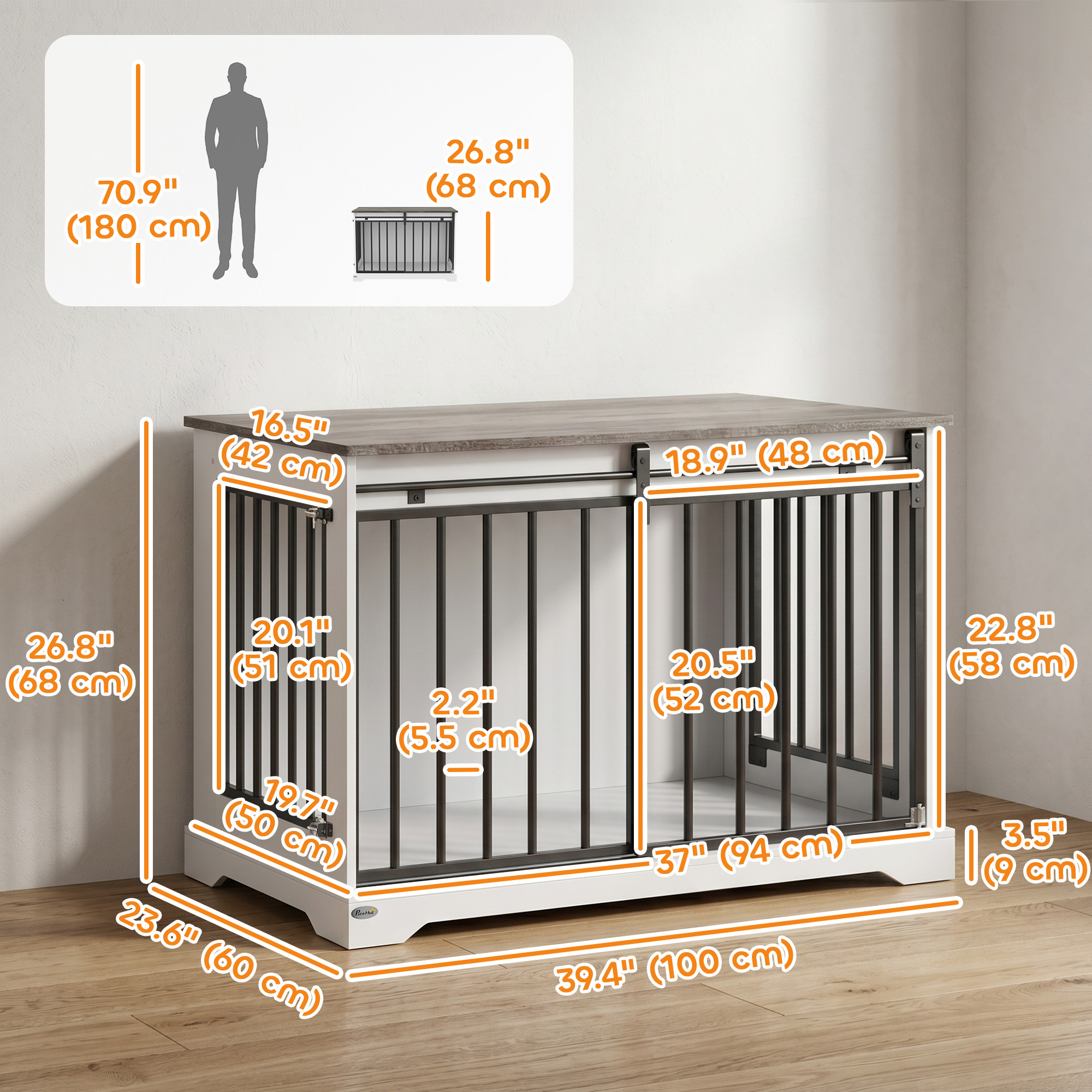 100 cm Dog Crate Furniture with Sliding Barn Door for Large Breeds, White