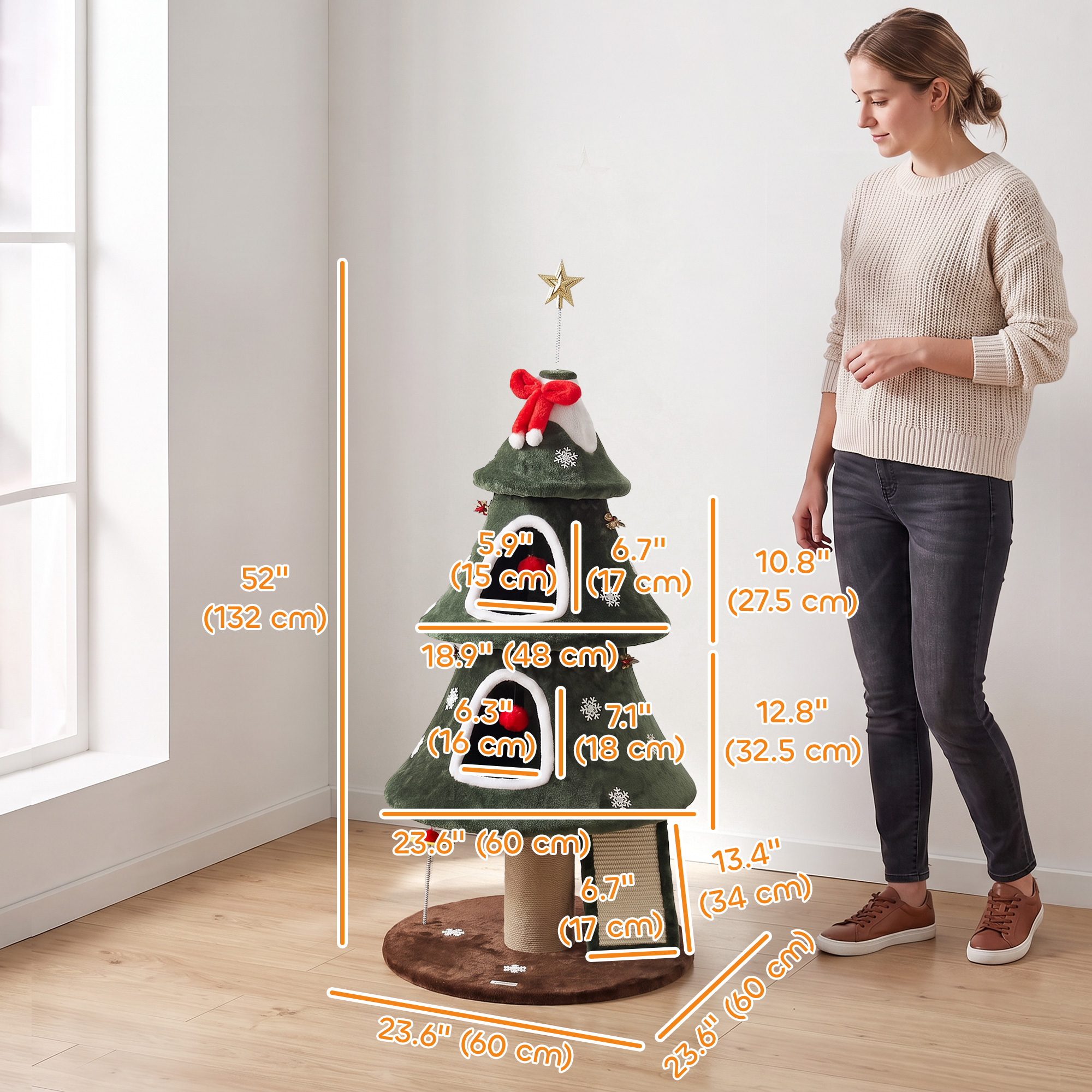 52" Christmas Cat Tree, 2-Tier Cat Tower with Dual Condos, Scratching Posts, Sisal Ladder, Anti-Tip Rope