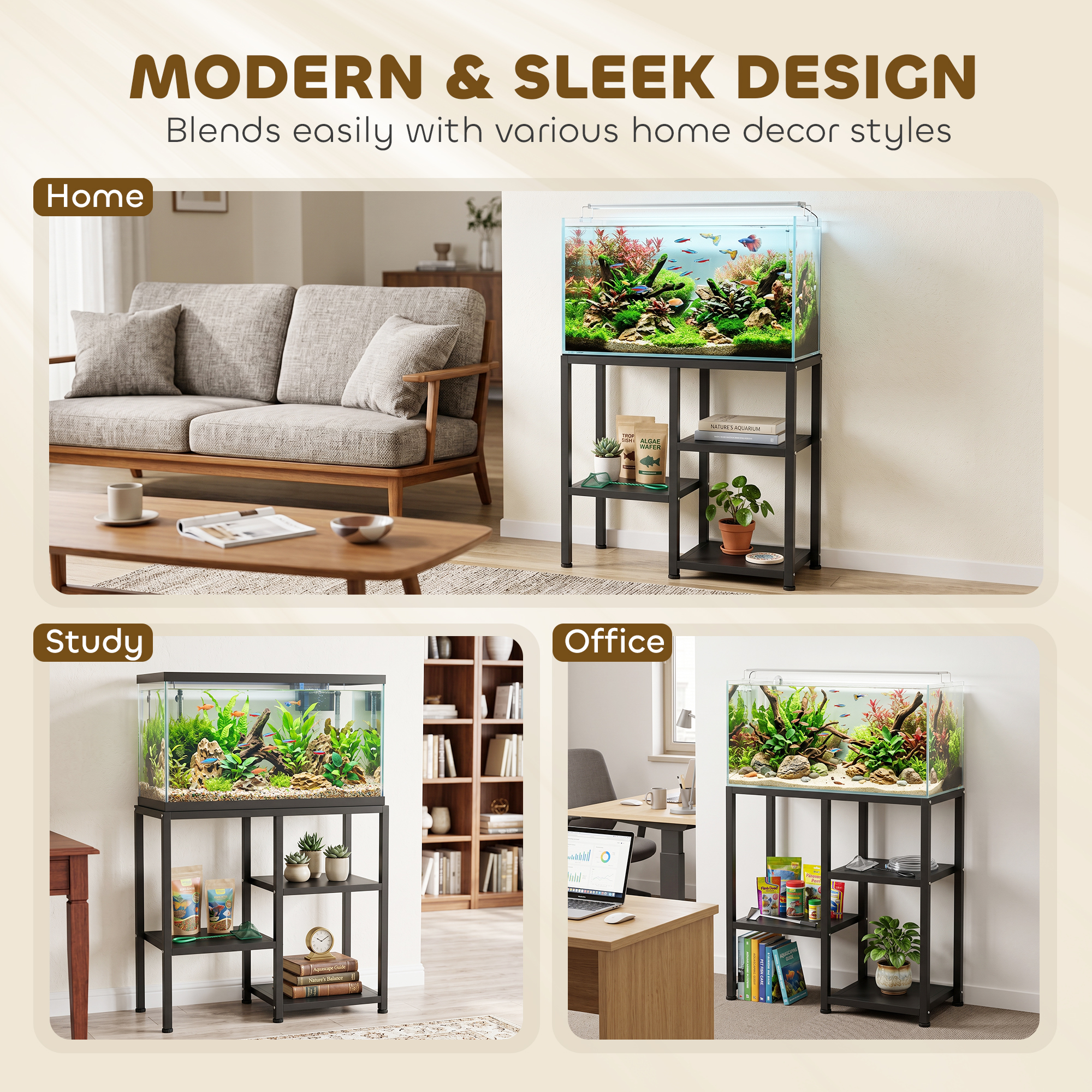 25 Gallon Fish Tank Stand, Metal Aquarium Stand with 3 Tier Storage Shelf, Adjustable Feet for Home Office, Black