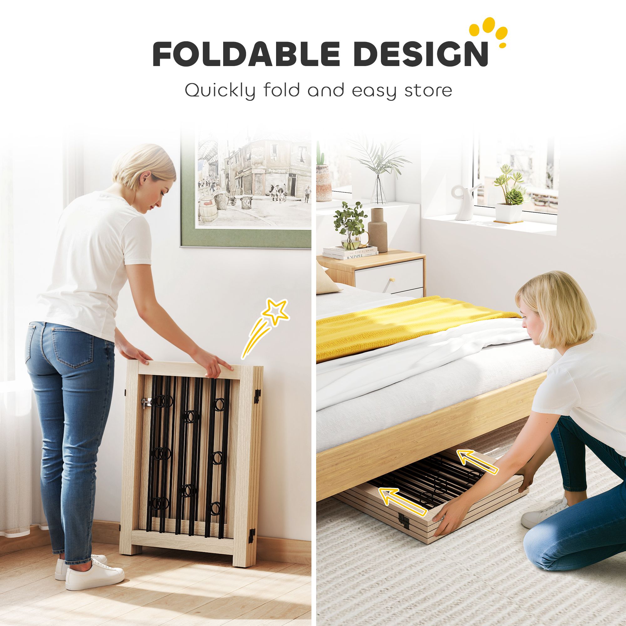 reestanding Dog Gate, Wooden Foldable Pet Gate with 4 Panels, Walk-Through Door, Support Feet, Non-Slip Mats