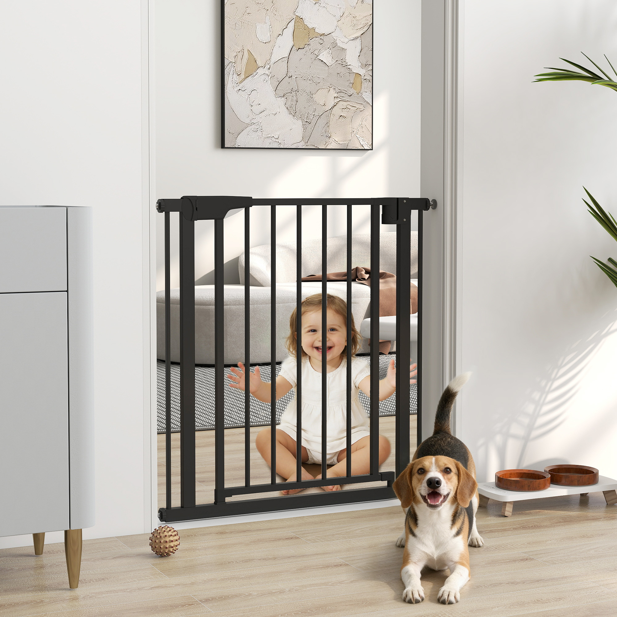 Baby Gate, Pet Safety Gate Pressure Fit, 30"-32" Wide with Two-Way Open, Auto-Close for Stair, Doorways, Hallways, Black