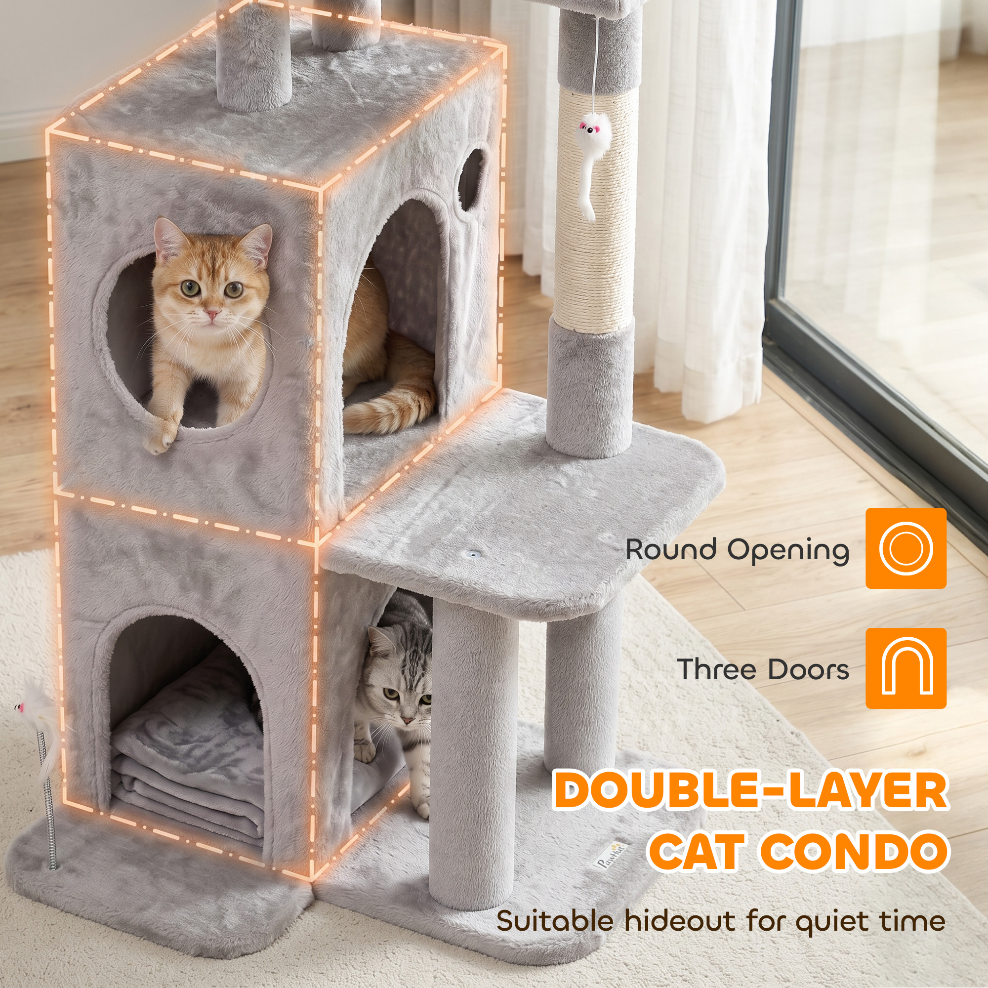 52" Cat Tree, Multi-Level Large Cat Tower House with 2-Tier Condo, Bed, Sisal Scratching Posts, Light Grey