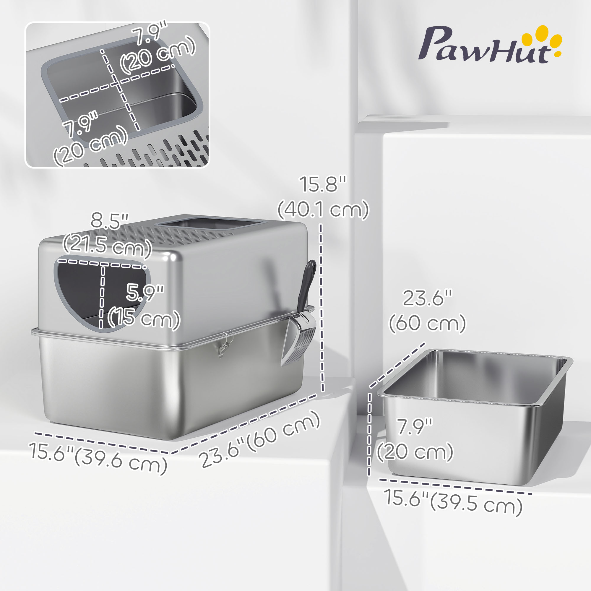 Stainless Steel Cat Litter Box with Lid, Extra Large Enclosed Litter Box with Top Litter-Catching Holes, Scoop, Silver
