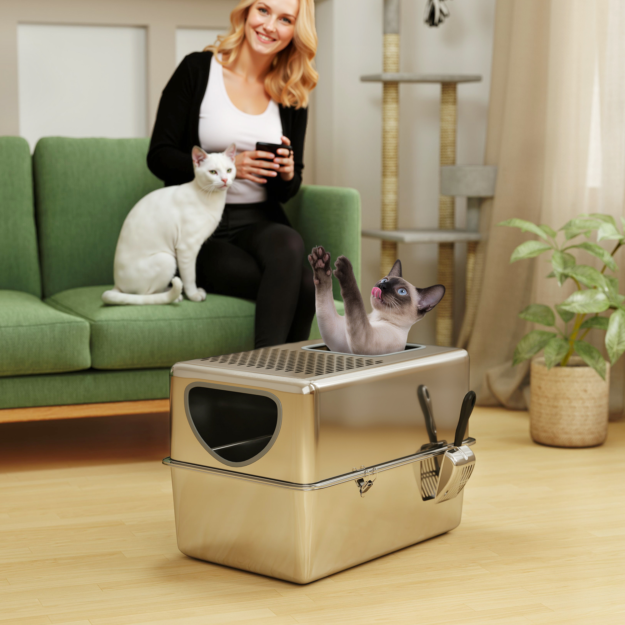Stainless Steel Cat Litter Box with Lid, Extra Large Enclosed Litter Box with Top Litter-Catching Holes, Scoop, Silver
