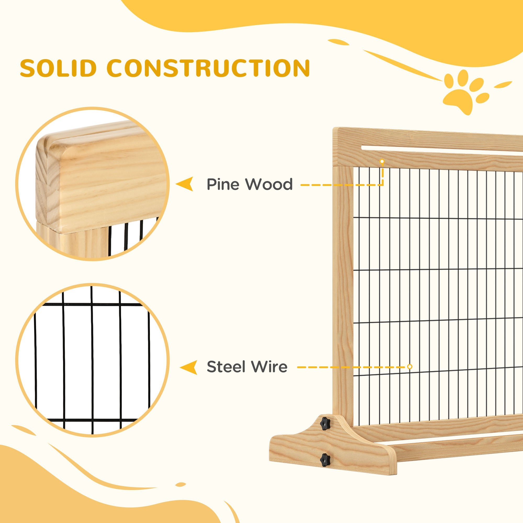 41"-71" Wooden Freestanding Pet Gate with Support Feet, for Small Medium Dogs, Natural