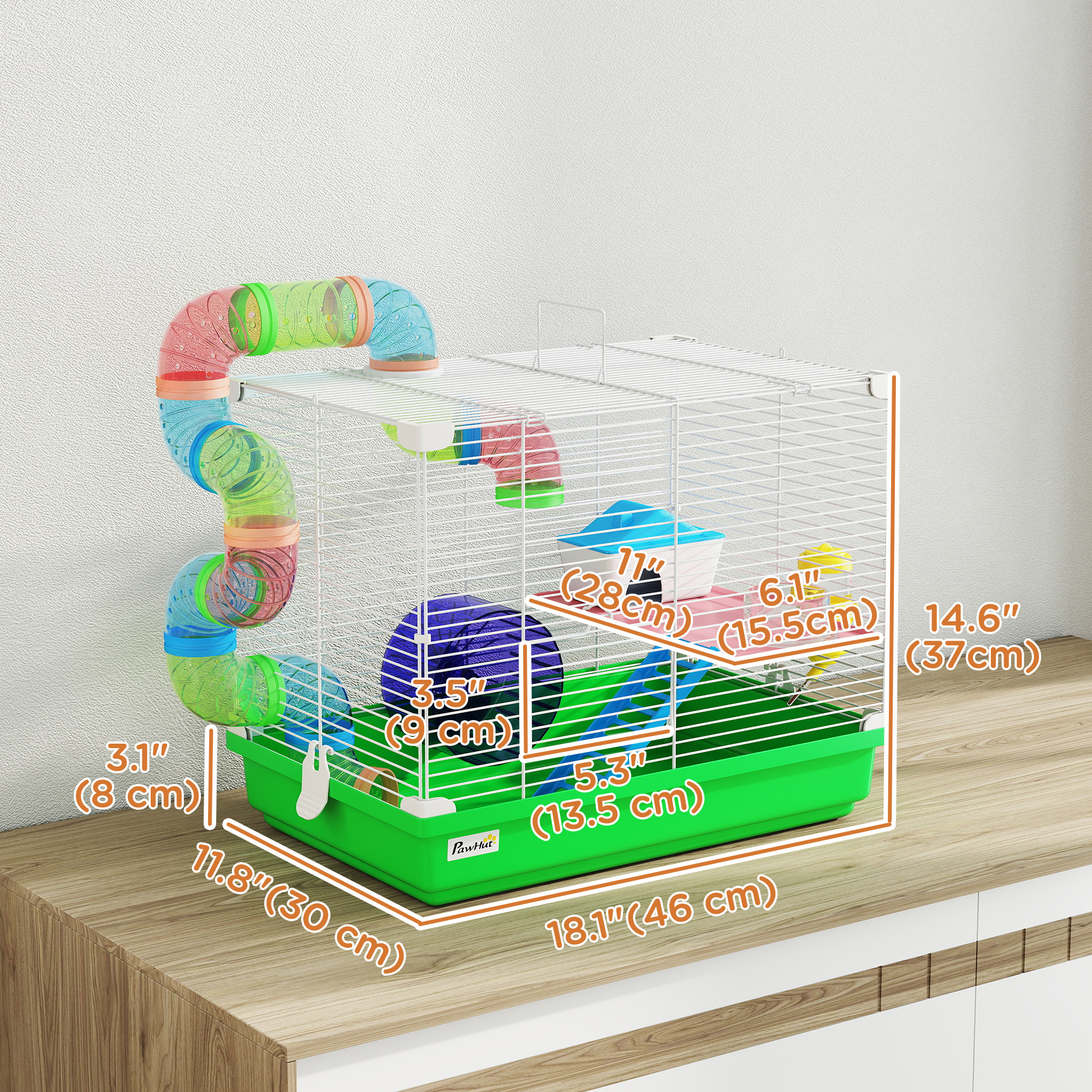 18"L Hamster Cage, Small Animal House, 2-Level Rat Gerbil Haven with Tunnel Tube System, Green