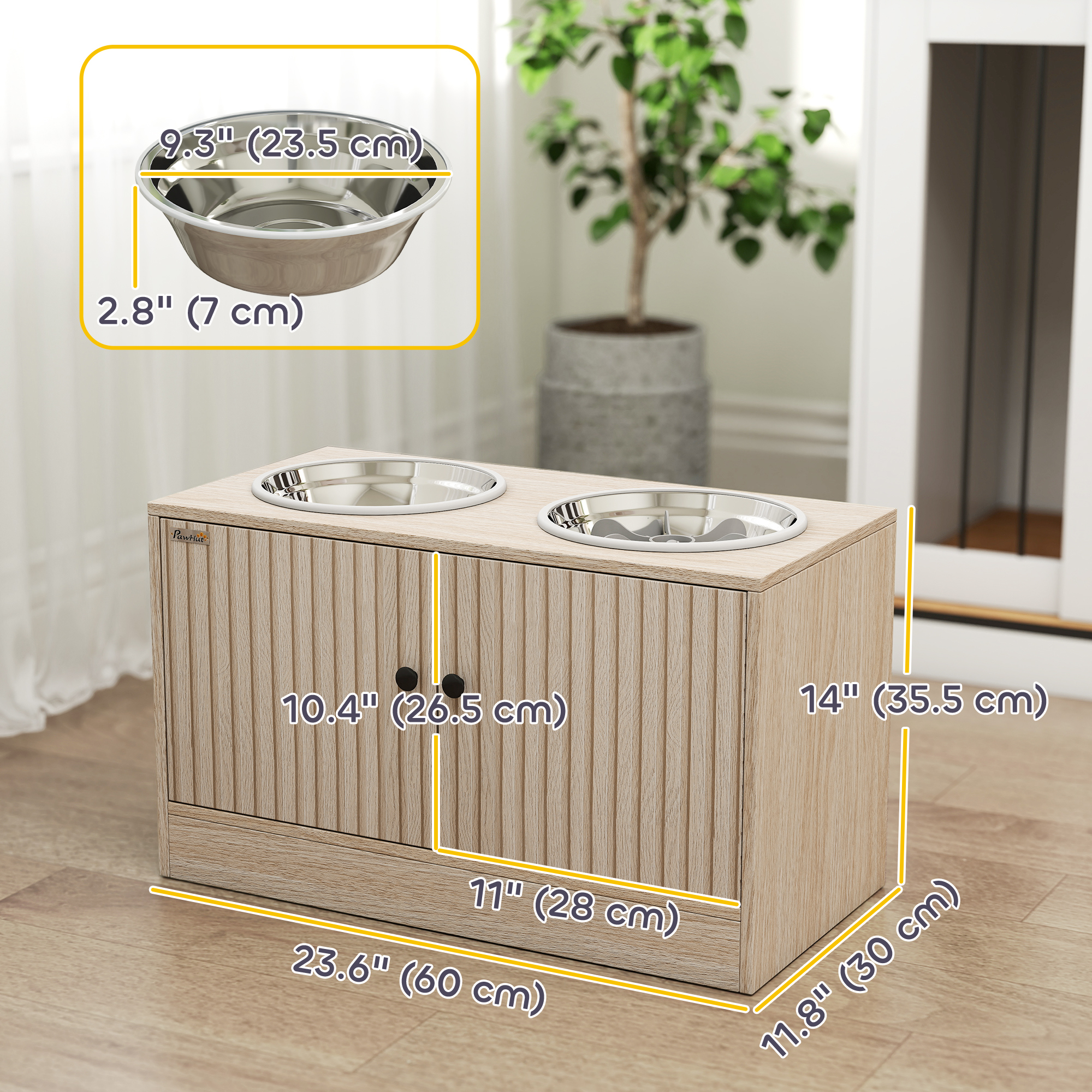 Raised Dog Bowls with Storage, Slow Feeder, 2 Stainless Steel Food and Water Bowl Non-Slip, Oak