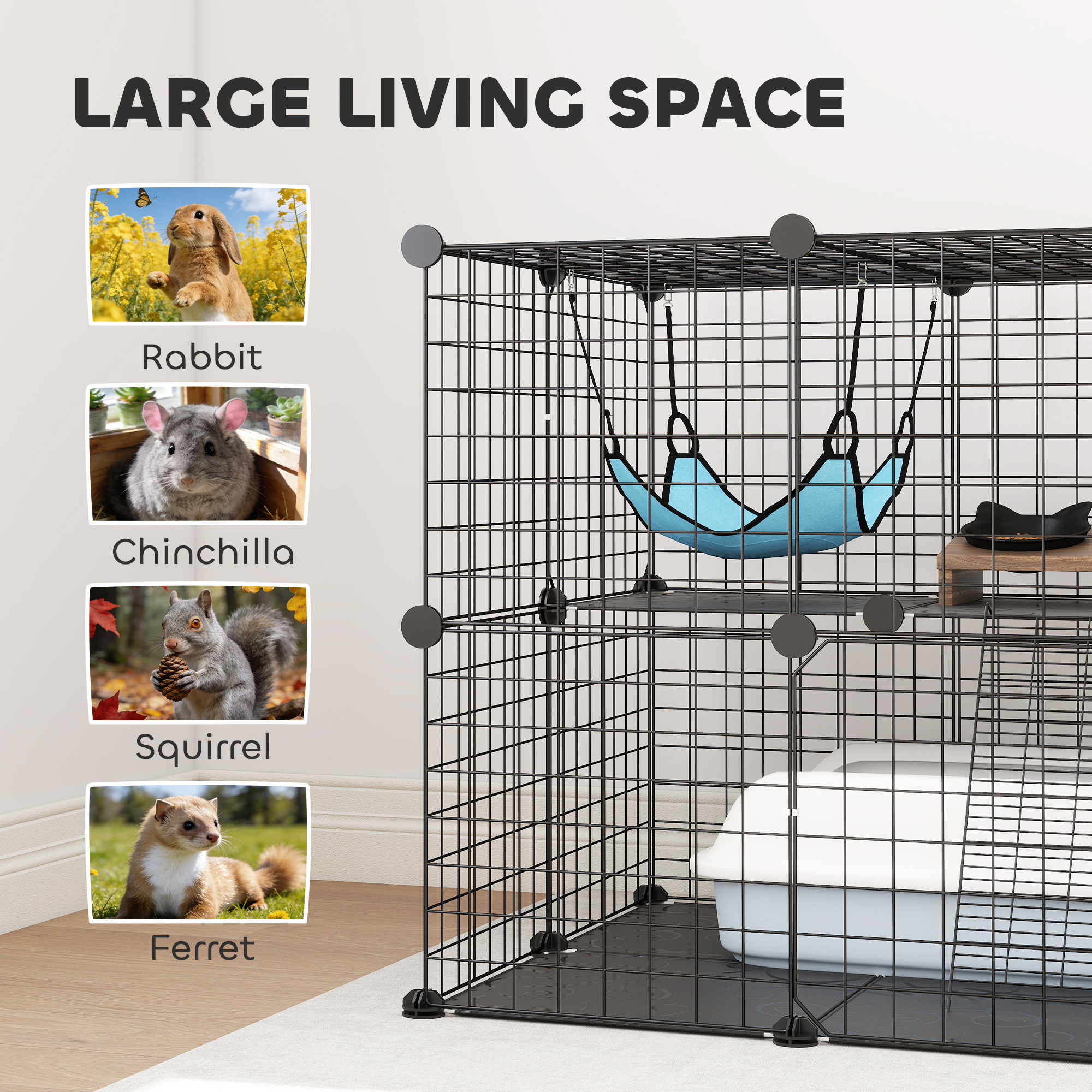 2 Tier Cat Cage Crate, DIY Pet Playpen with 2 Doors, Ladder, Hammock, Perch, Indoor Playpen for Kittens, Black
