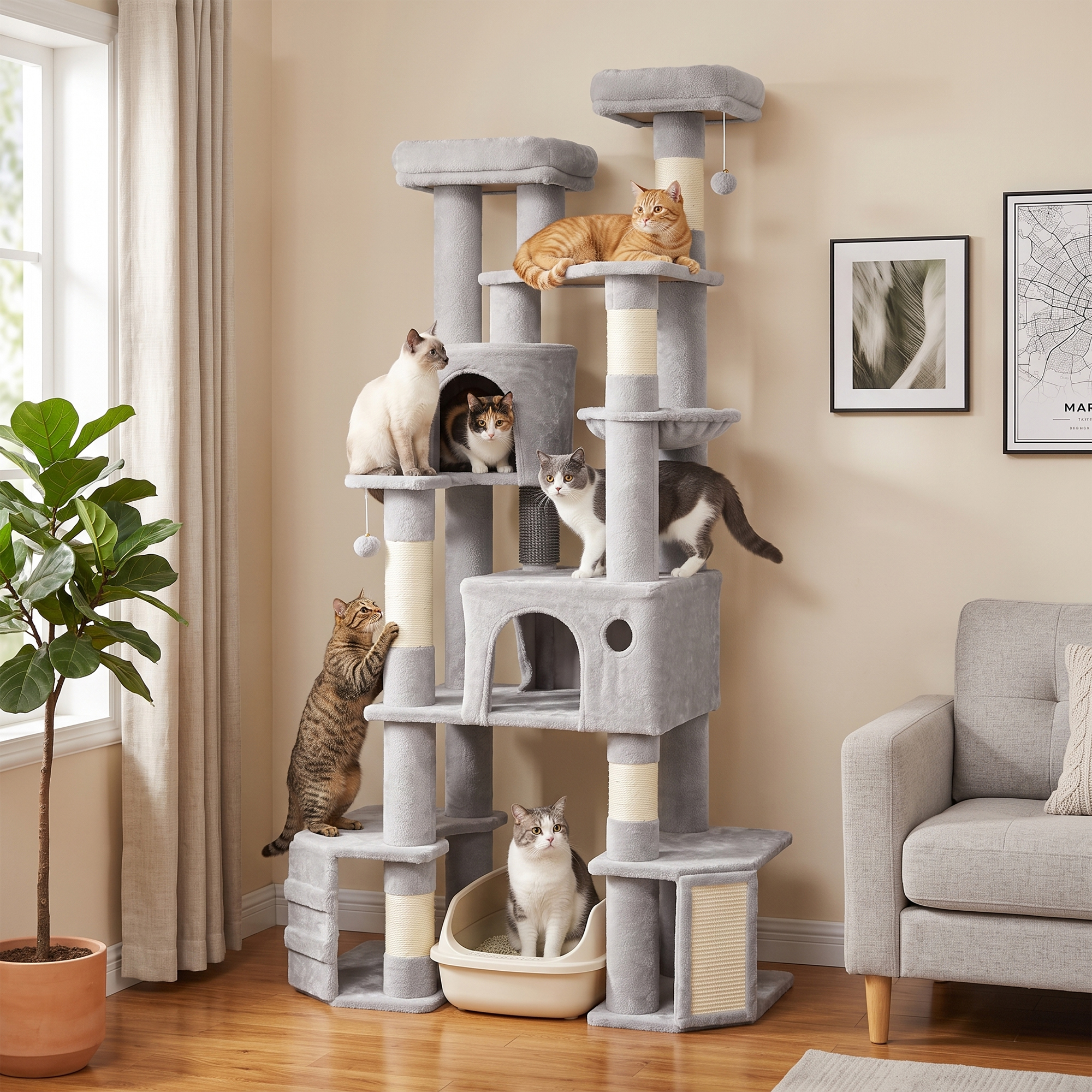 79" Tall Cat Tree for Indoor Large Cats Adult with Split Baseboard, 2 Cat Condos, 2 Beds, 5 Sisal Scratching Posts