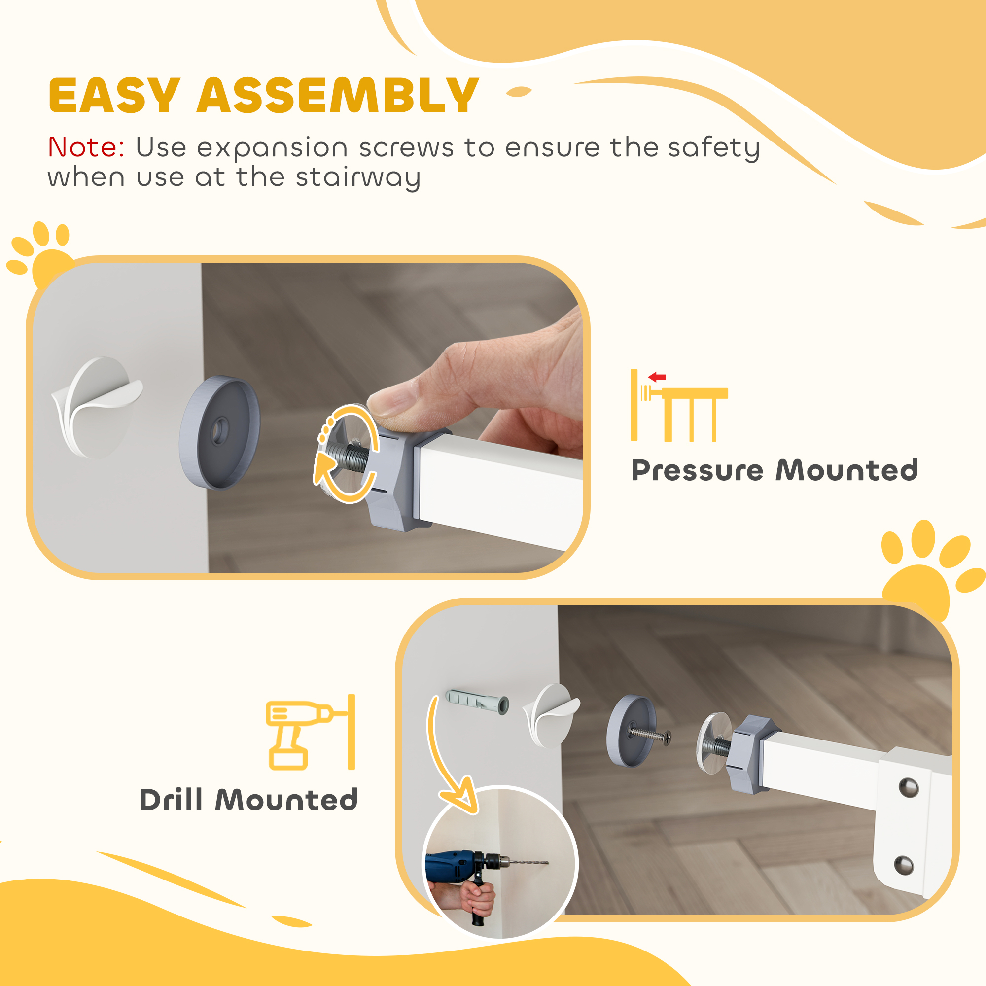 30 Inch Tall Pet Gate with Door Dog Gate and Barrier Indoor for Stairs, Pressure-Mounted Safety Gate, White